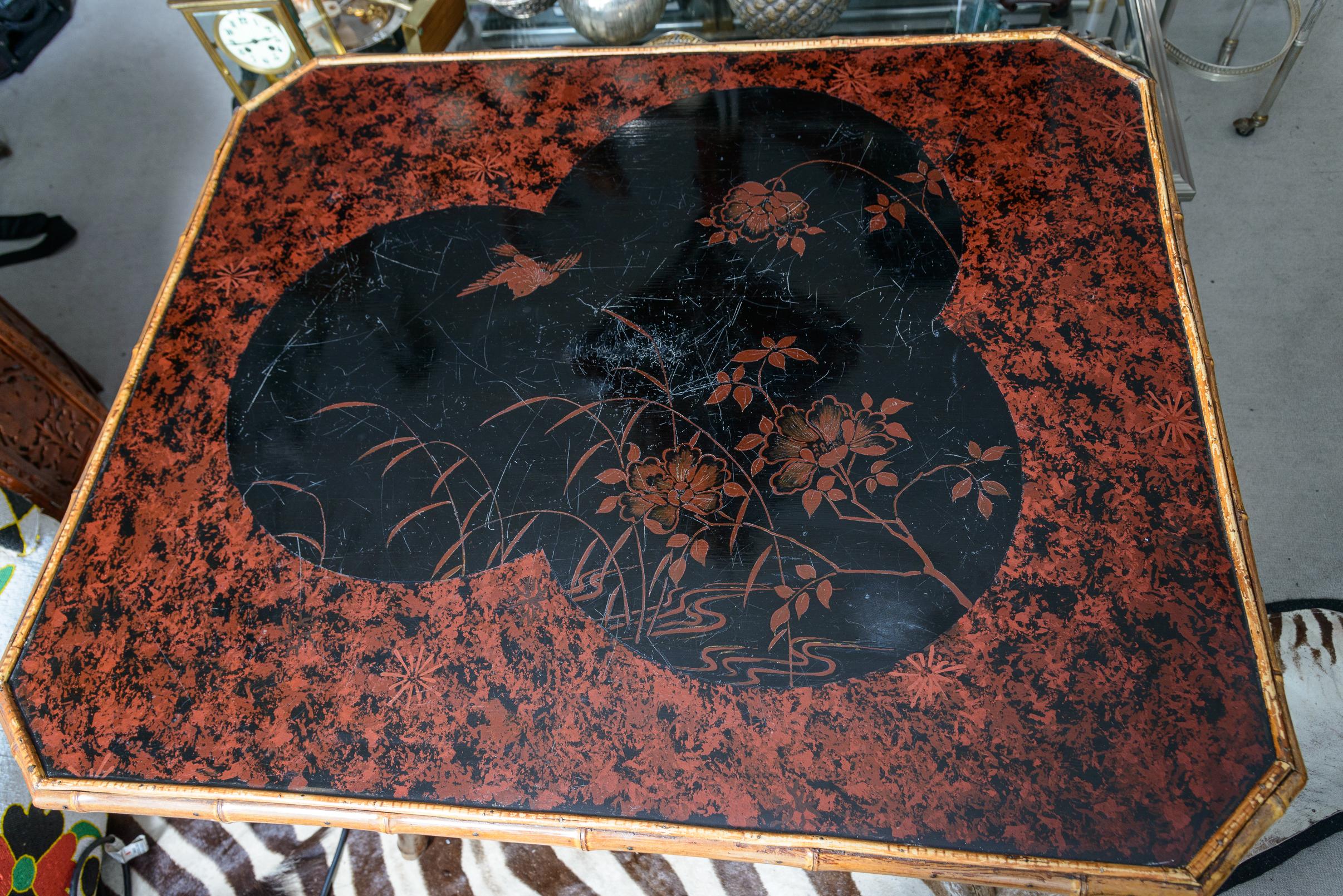 Bamboo & Japanned Lacquer Game Table, C. 1880 In Good Condition In West Palm Beach, FL
