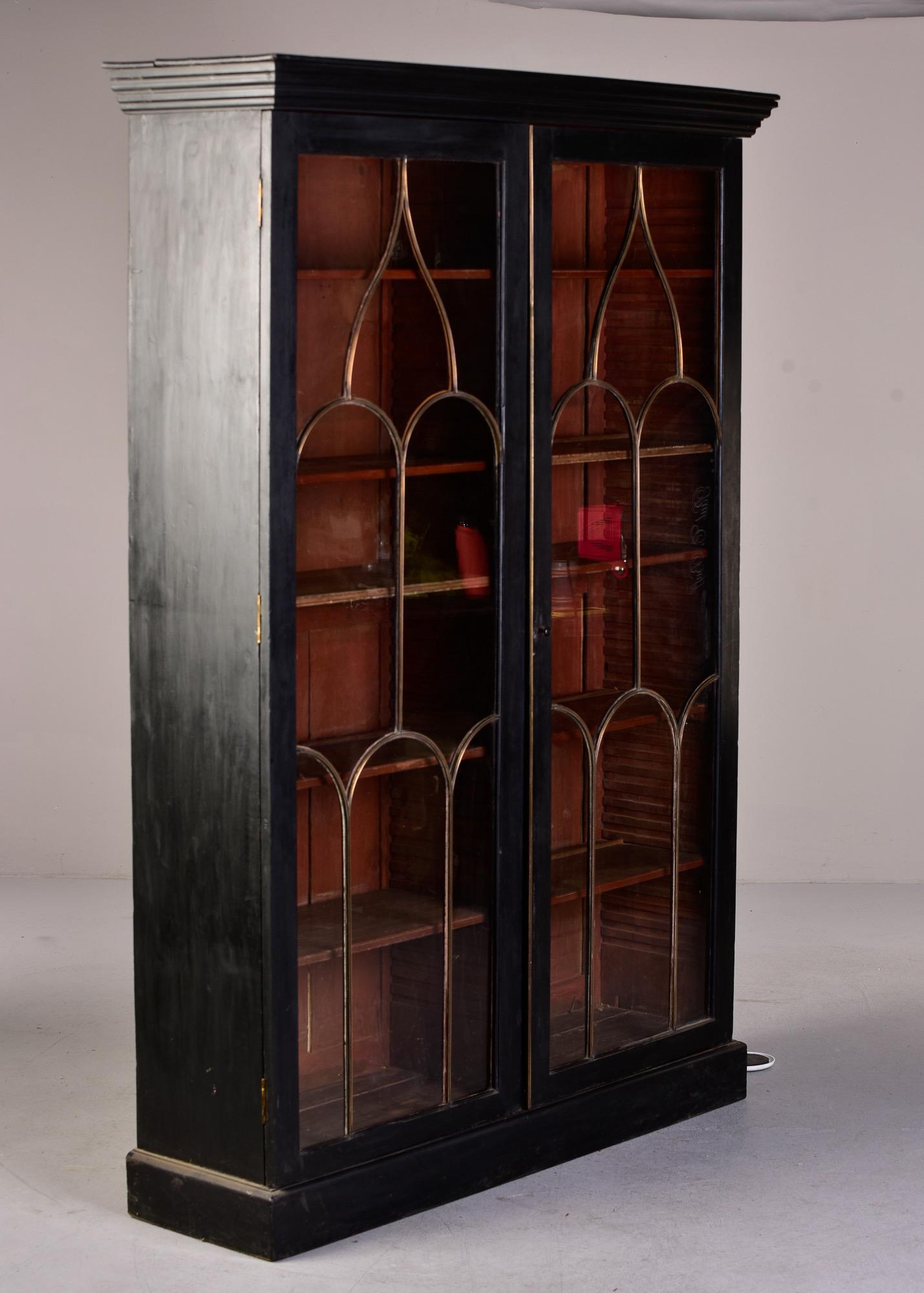 Late 19th C English Black Two Door Bookcase with Gothic Brass Glazing Bars 8