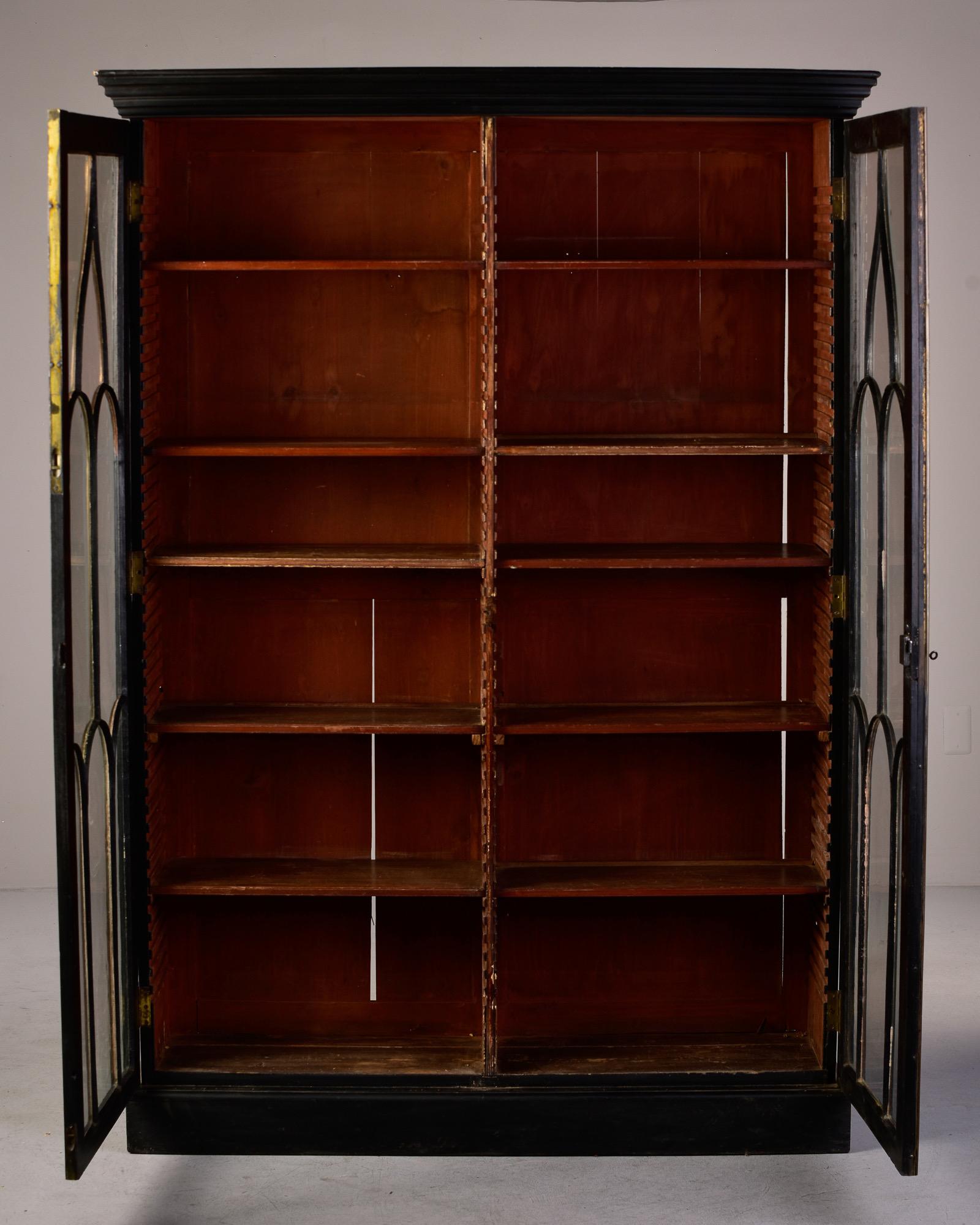 Late 19th C English Black Two Door Bookcase with Gothic Brass Glazing Bars In Good Condition In Troy, MI