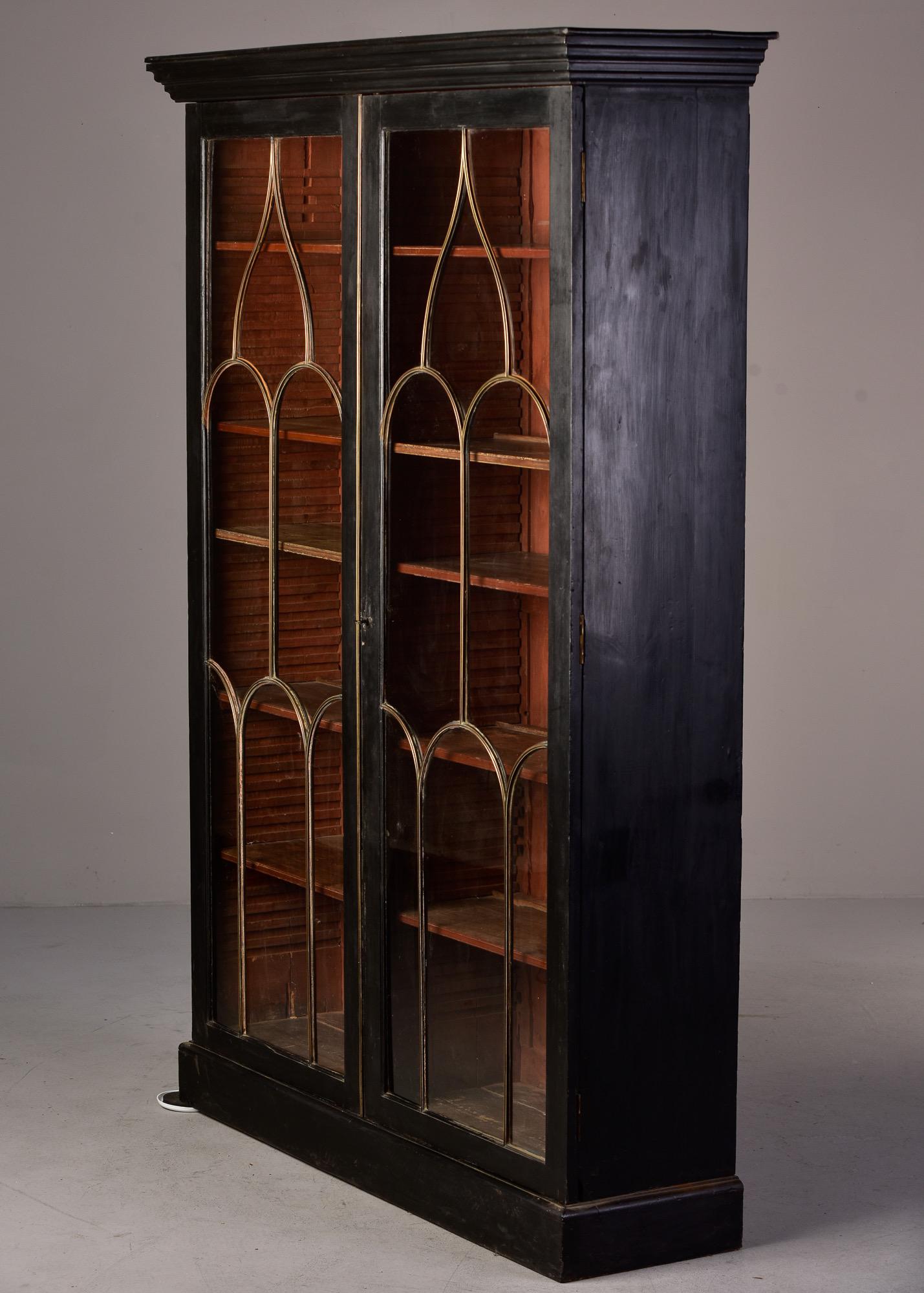 Late 19th C English Black Two Door Bookcase with Gothic Brass Glazing Bars 3