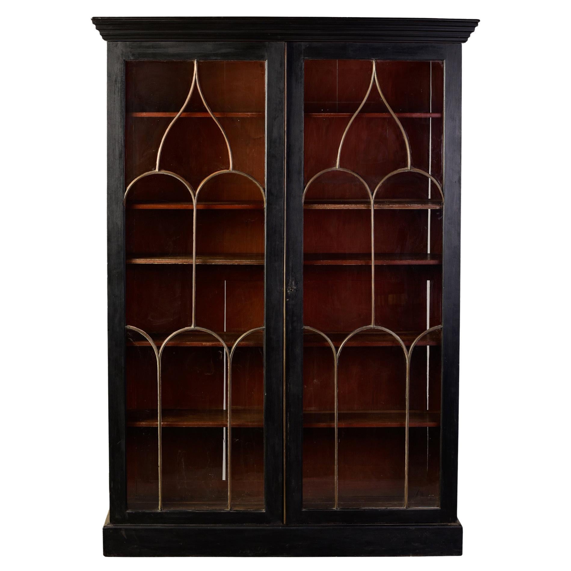 Late 19th C English Black Two Door Bookcase with Gothic Brass Glazing Bars