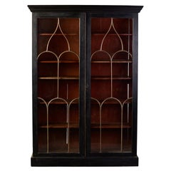 Late 19th C English Black Two Door Bookcase with Gothic Brass Glazing Bars