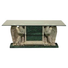 Antique Late 19th C. English Eagle Bankers Table with Verde Marble & Glass Top