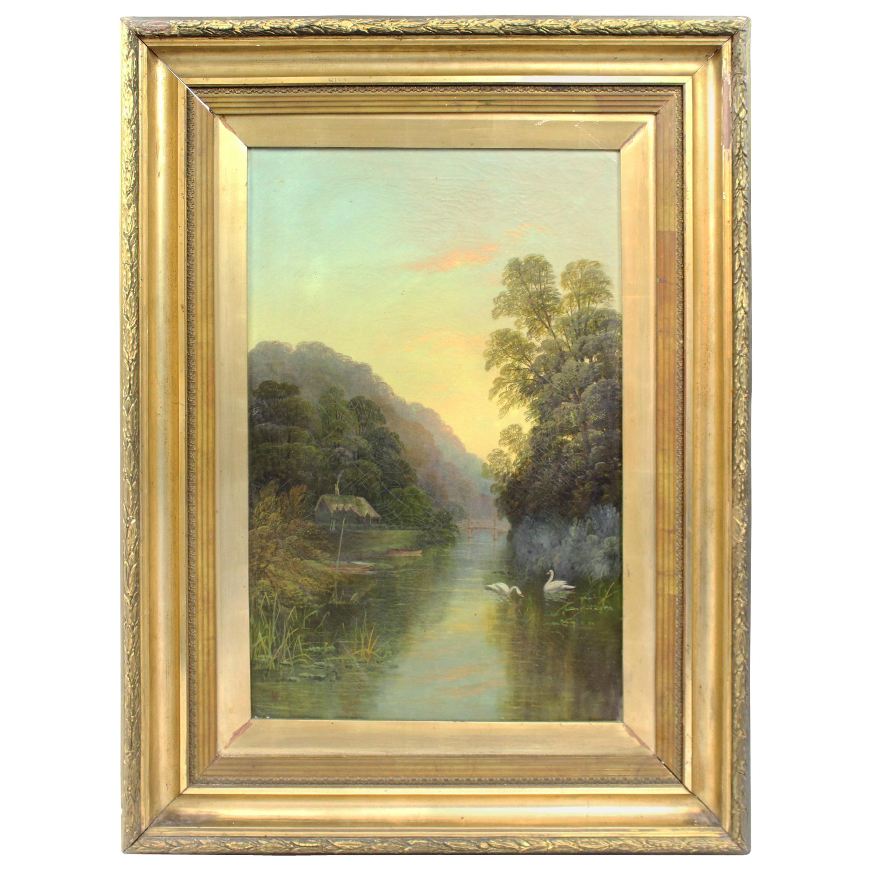 Late 19th Century English Landscape Painting Set in Gilt Frame For Sale
