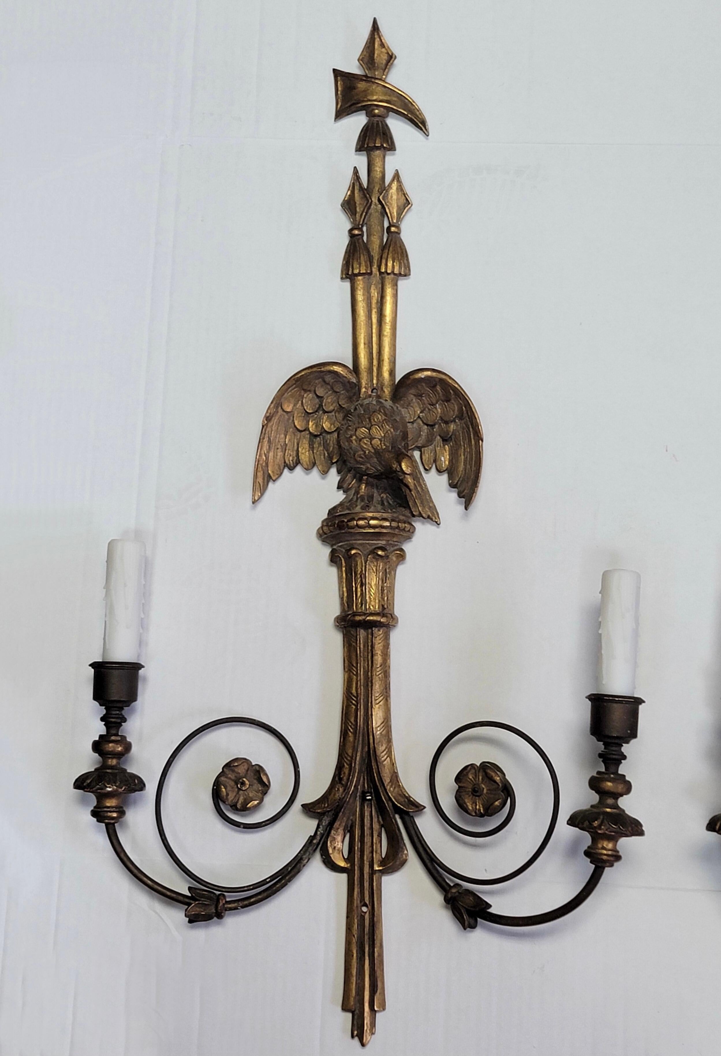 Italian Late 19th-C. Federal Style Carved Giltwood Eagle Form Sconces, Pair For Sale