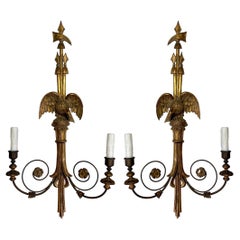 Late 19th-C. Federal Style Carved Giltwood Eagle Form Sconces, Pair