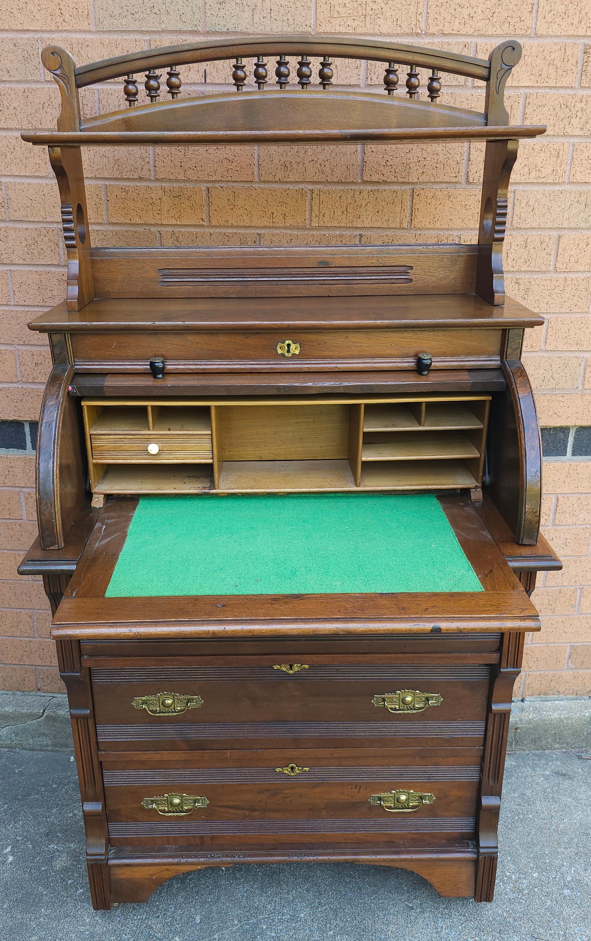 Late 19th C. Four-Part Handcrafted Victorian Walnut Cylinder Front Rolling Desk For Sale 3