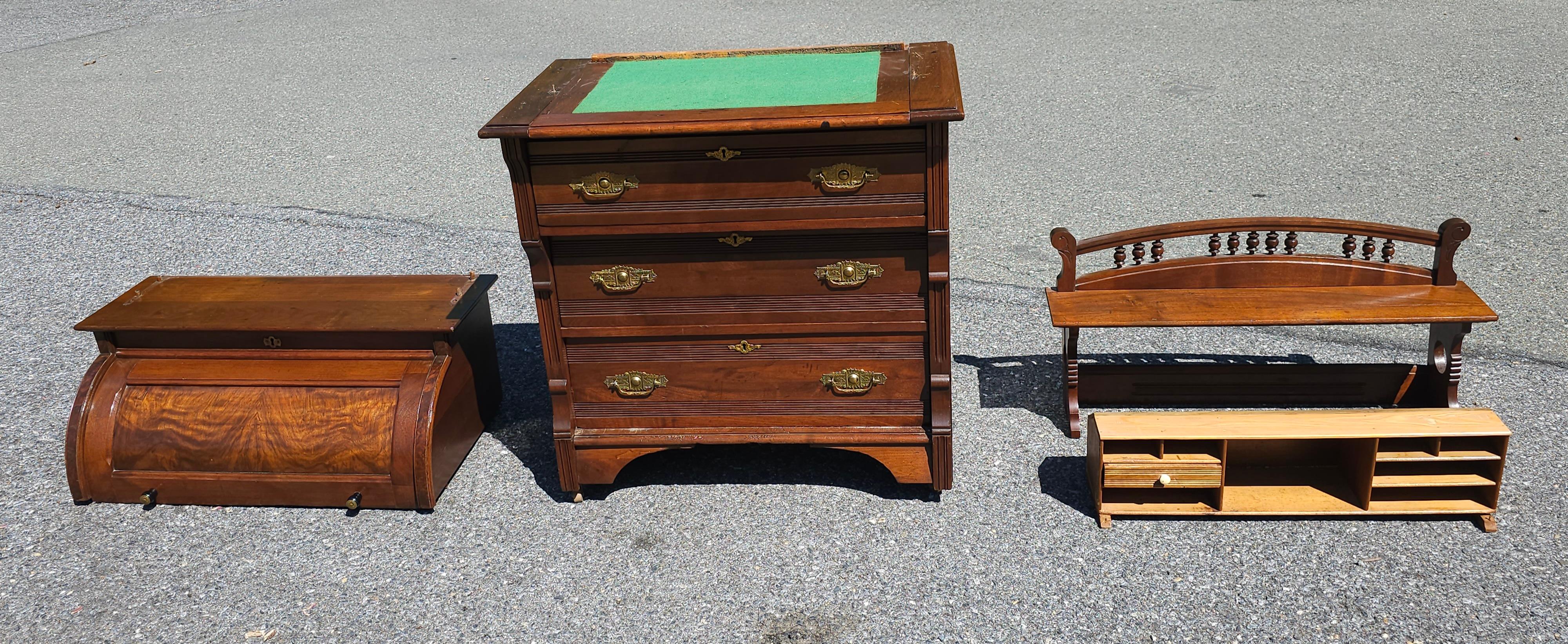 Late 19th C. Four-Part Handcrafted Victorian Walnut Cylinder Front Rolling Desk 6