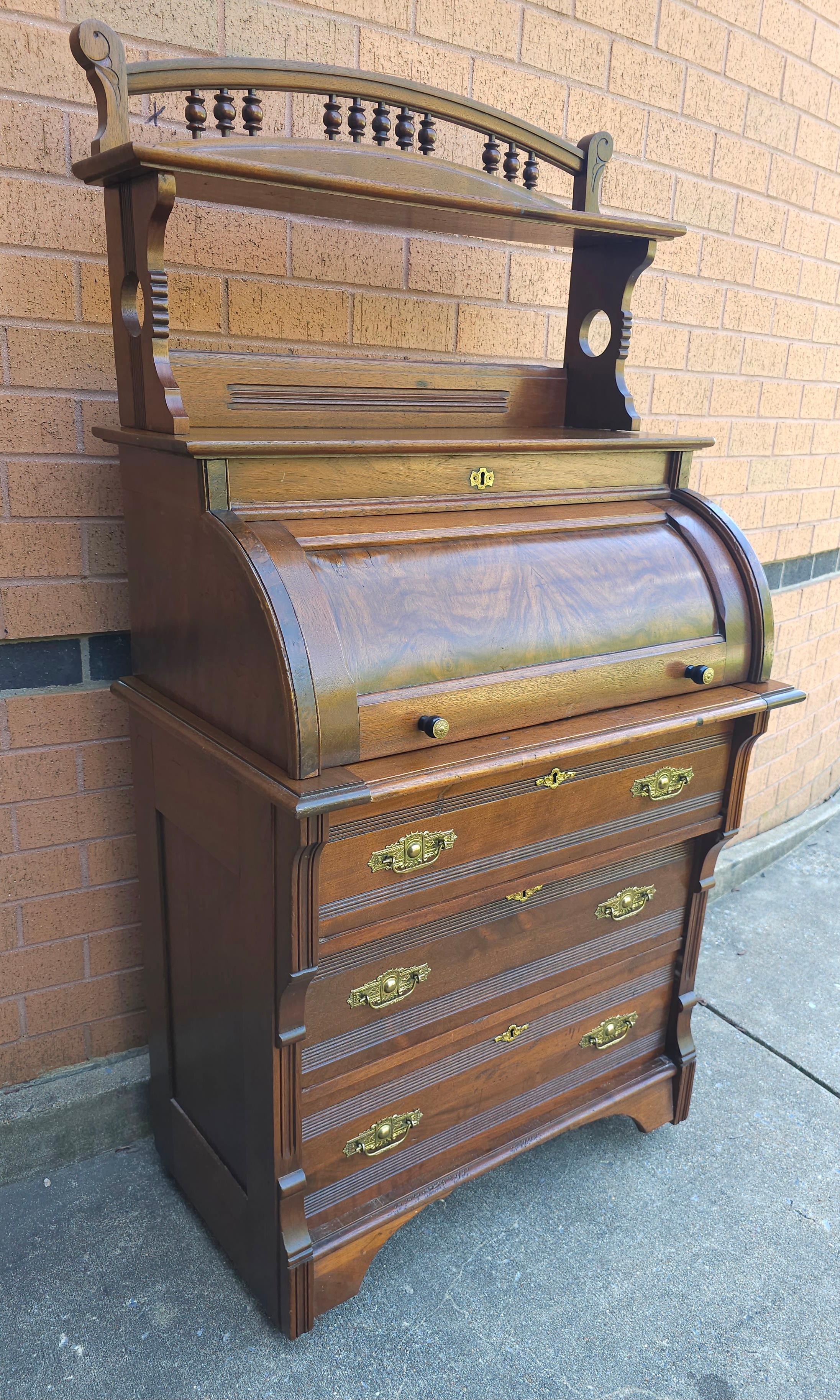 Late Victorian Late 19th C. Four-Part Handcrafted Victorian Walnut Cylinder Front Rolling Desk For Sale