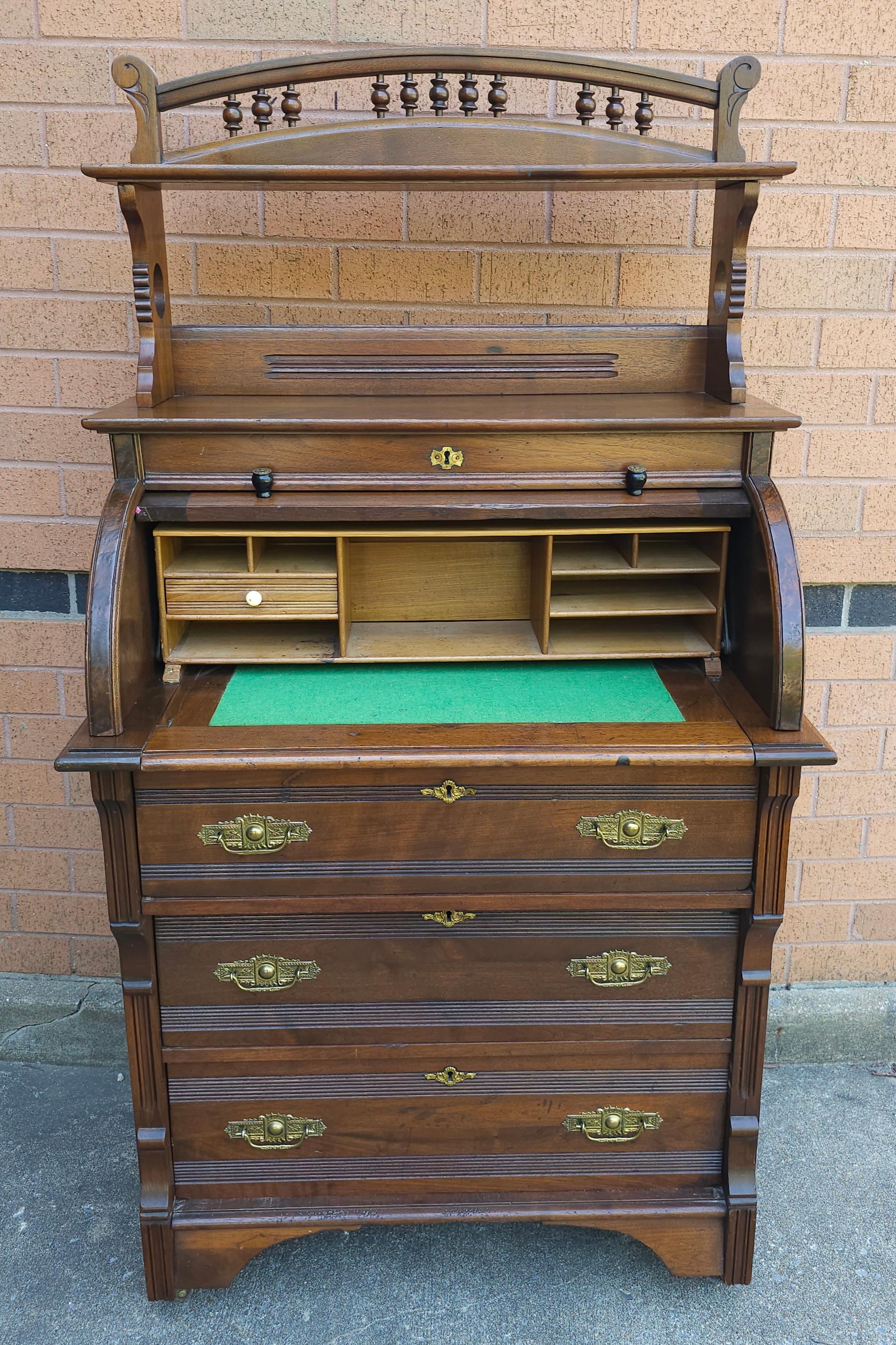 American Late 19th C. Four-Part Handcrafted Victorian Walnut Cylinder Front Rolling Desk