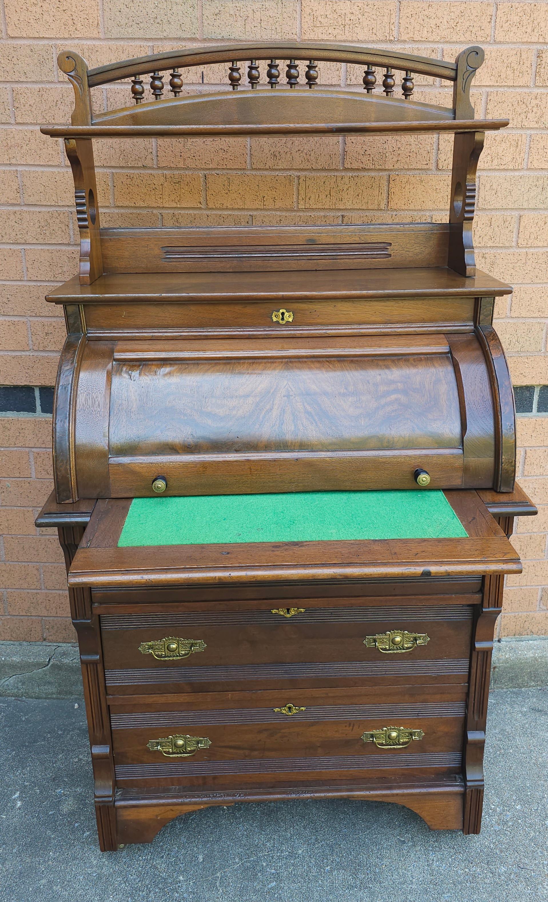 19th Century Late 19th C. Four-Part Handcrafted Victorian Walnut Cylinder Front Rolling Desk For Sale