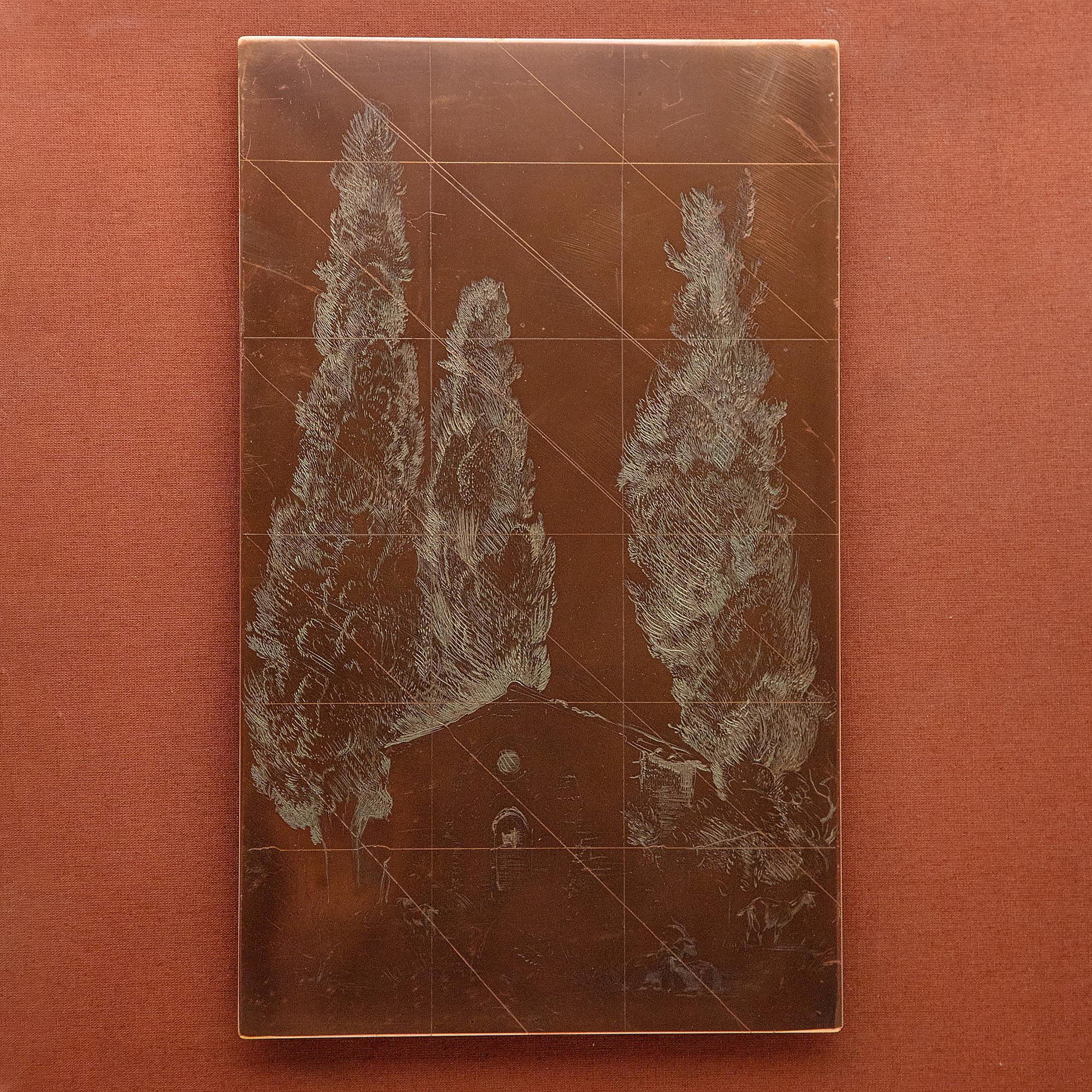 French Late 19th Century Framed Copper Etching Plate of Trees and Goats