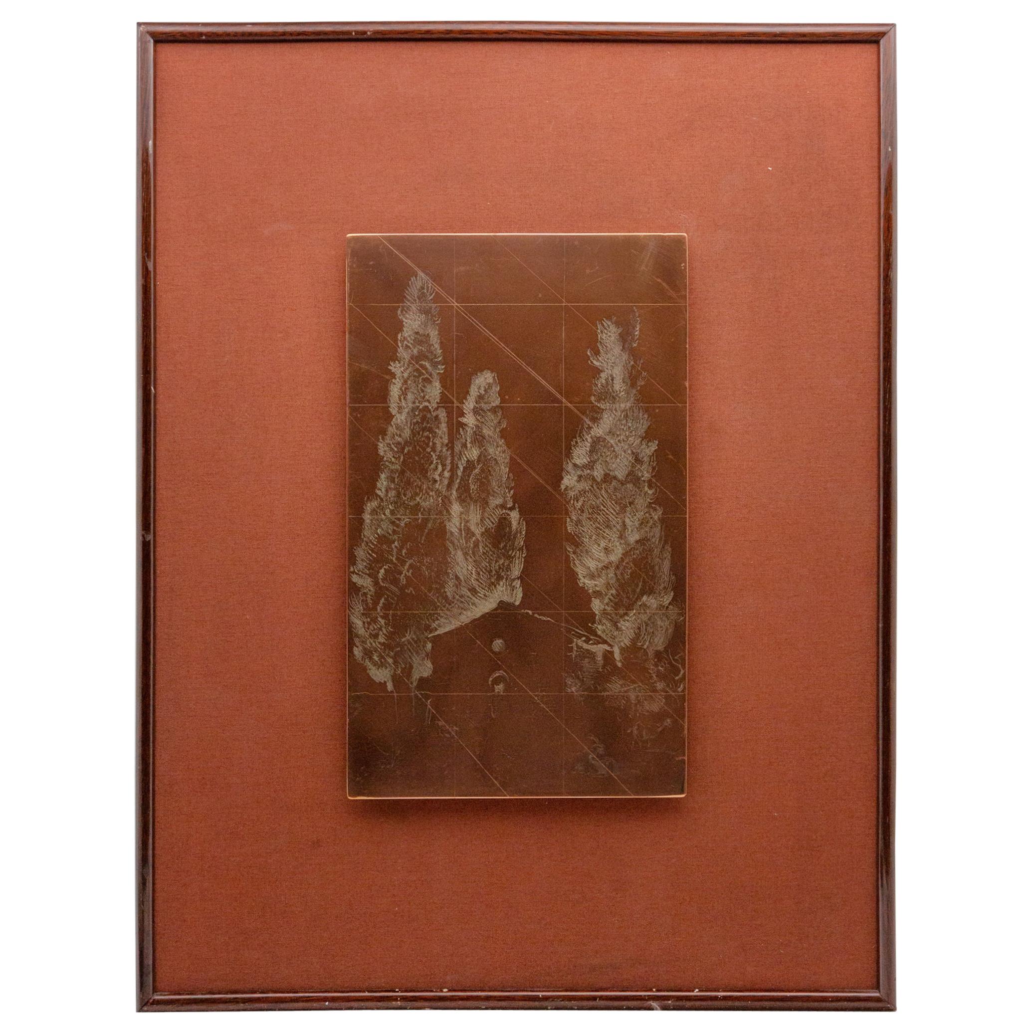Late 19th Century Framed Copper Etching Plate of Trees and Goats