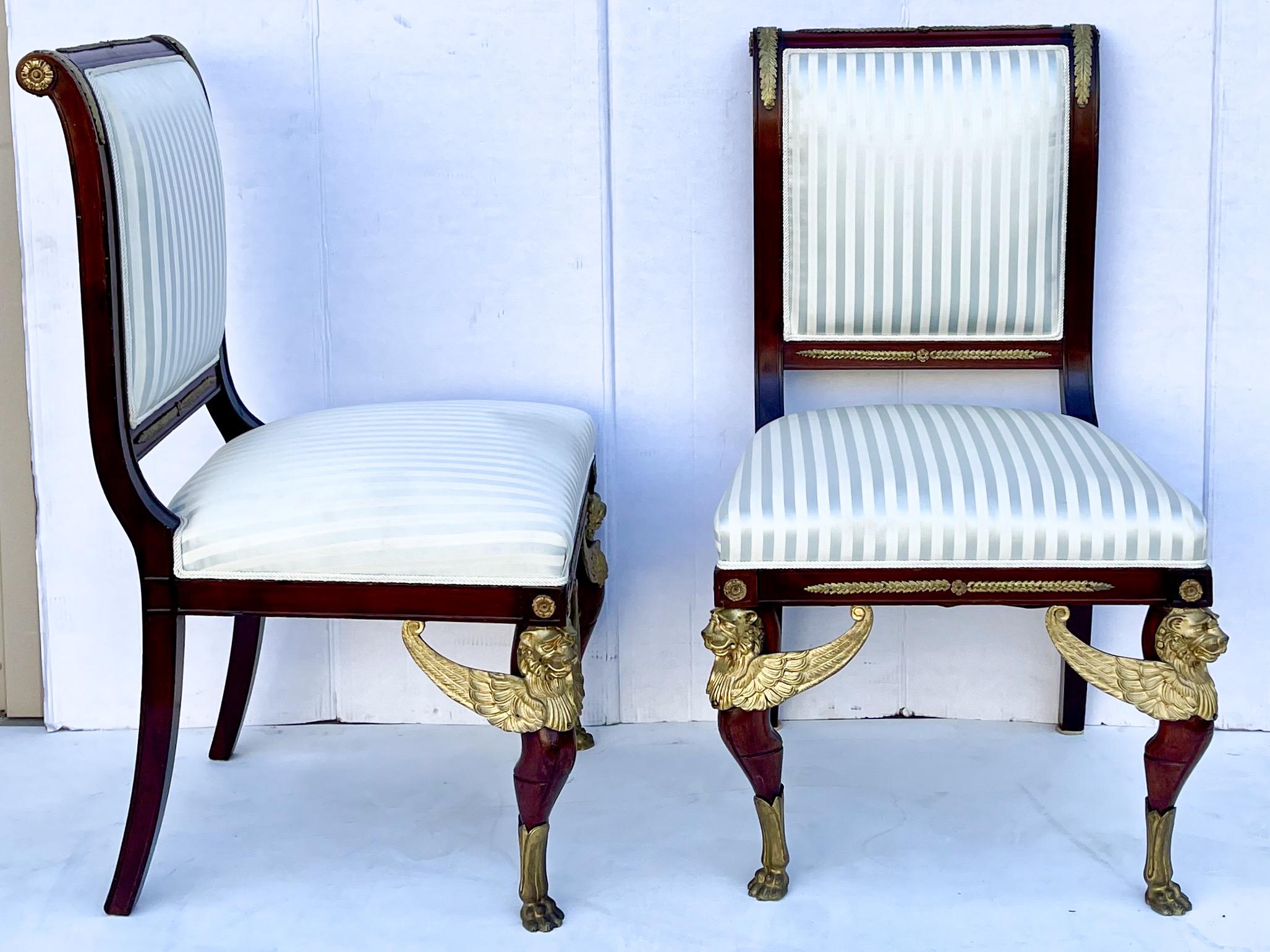European Late 19th-C. French Empire Gilt Bronze Mahogany Side Chairs - Pair  For Sale