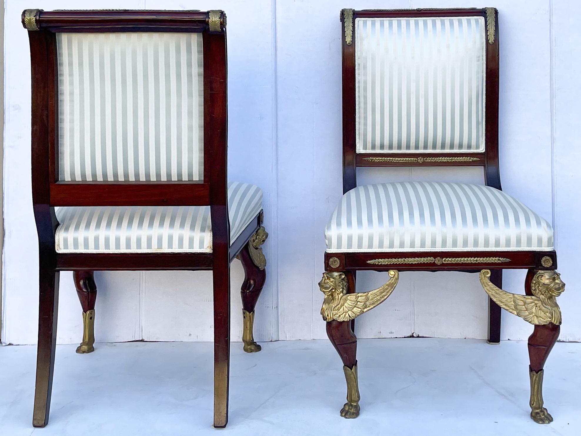 19th Century Late 19th-C. French Empire Gilt Bronze Mahogany Side Chairs - Pair  For Sale