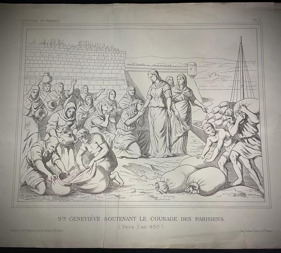 This late 19th-century French engraving portrays the inspiring figure of Saint Geneviève uplifting the spirits of Parisians during a challenging time in French history. Crafted by noted artists MM. Perodin, Baron, and Massias and published by