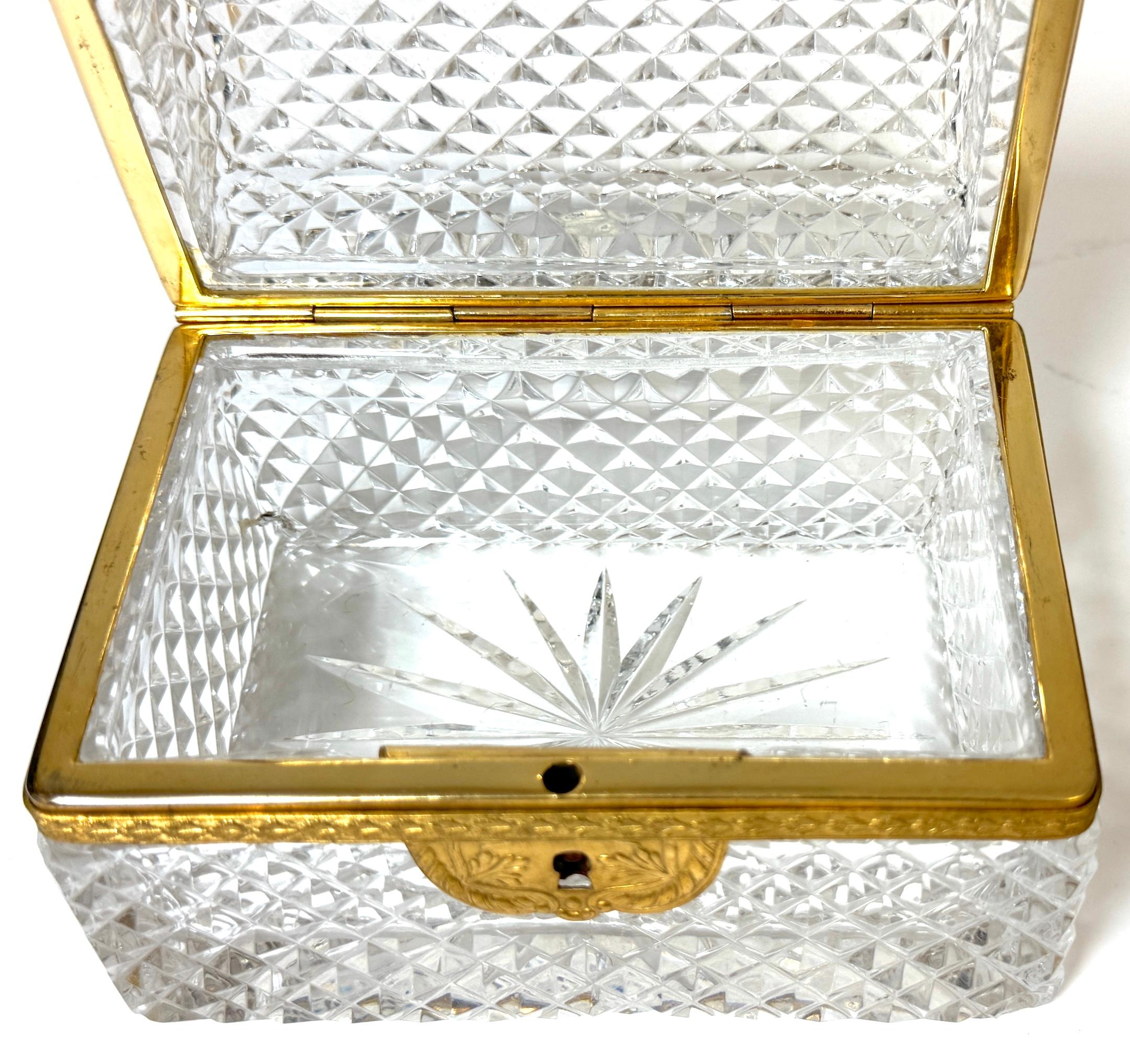 Engraved Late 19th C French Fire Gilt Ormolu Cut Glass Table Box, Attributed to Baccarat For Sale
