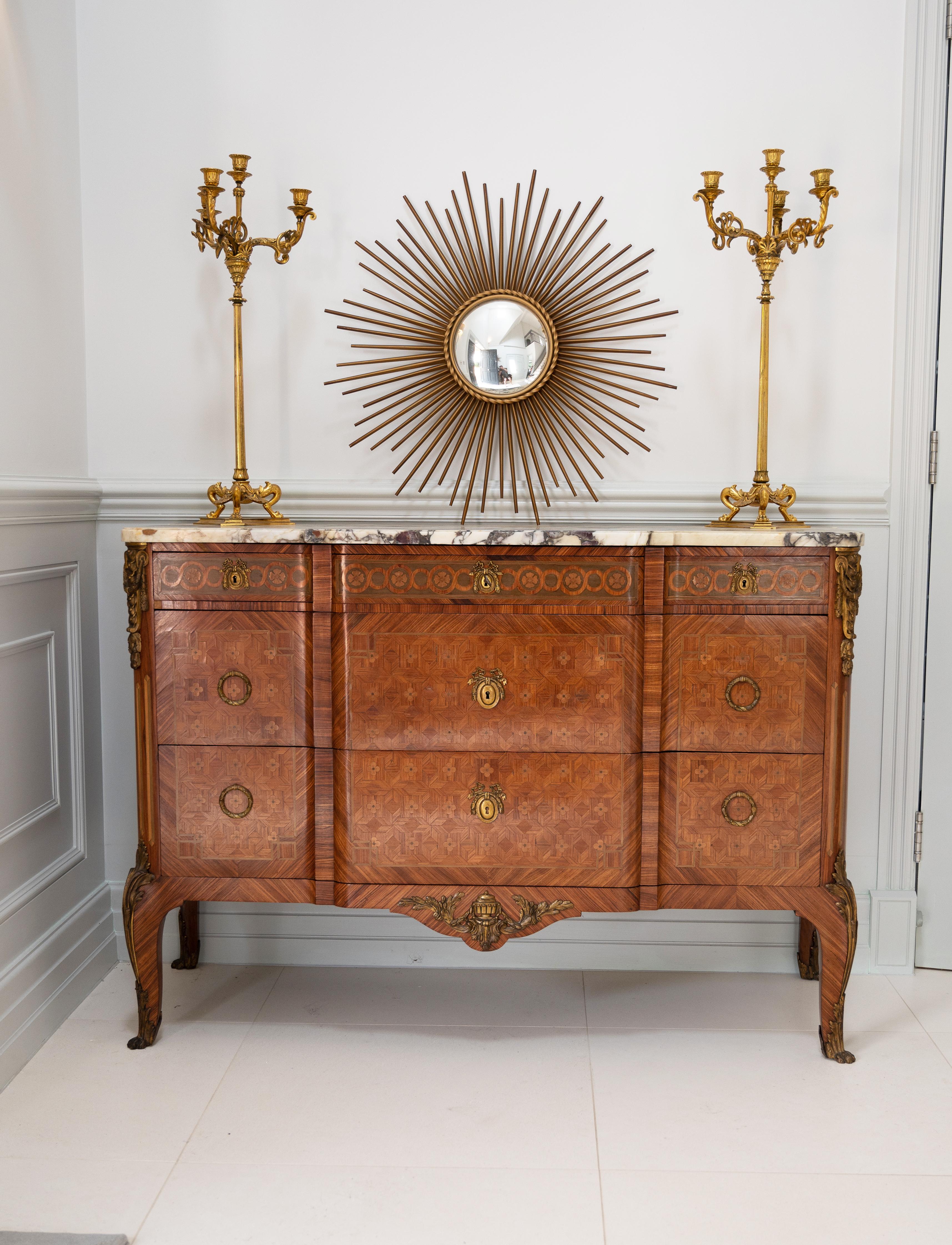 Late 19th Century Gilt Bronze Mounted Tulipwood and Kingwood Marble Topped Comm For Sale 5