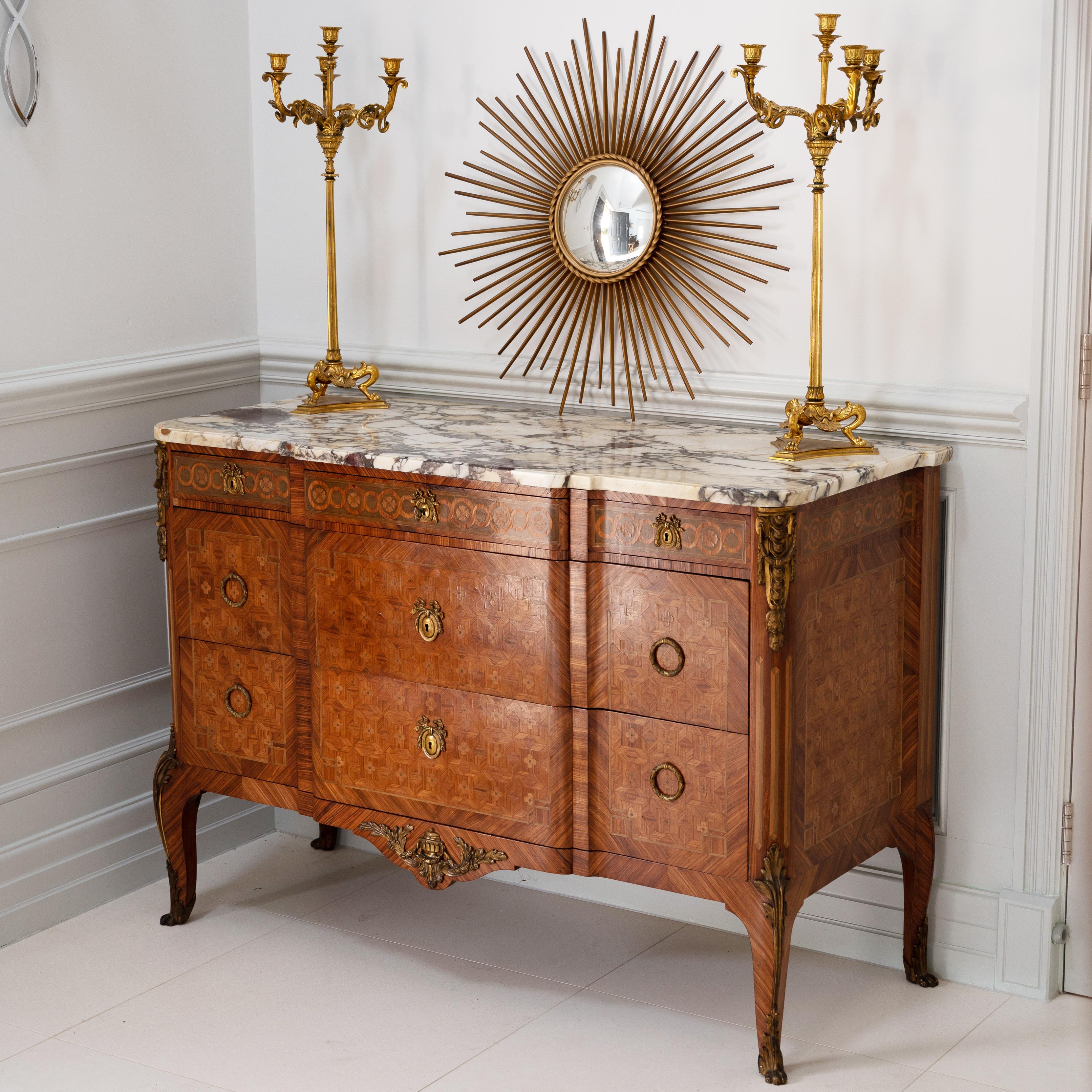 Late 19th Century Gilt Bronze Mounted Tulipwood and Kingwood Marble Topped Comm For Sale 3