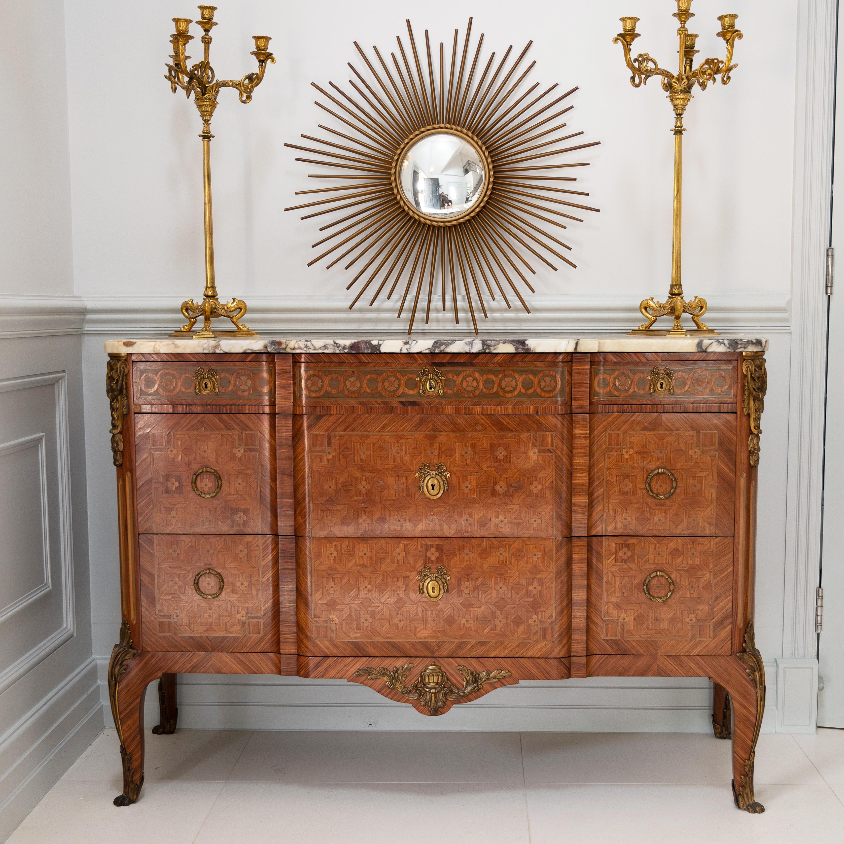 Late 19th Century Gilt Bronze Mounted Tulipwood and Kingwood Marble Topped Comm For Sale 4