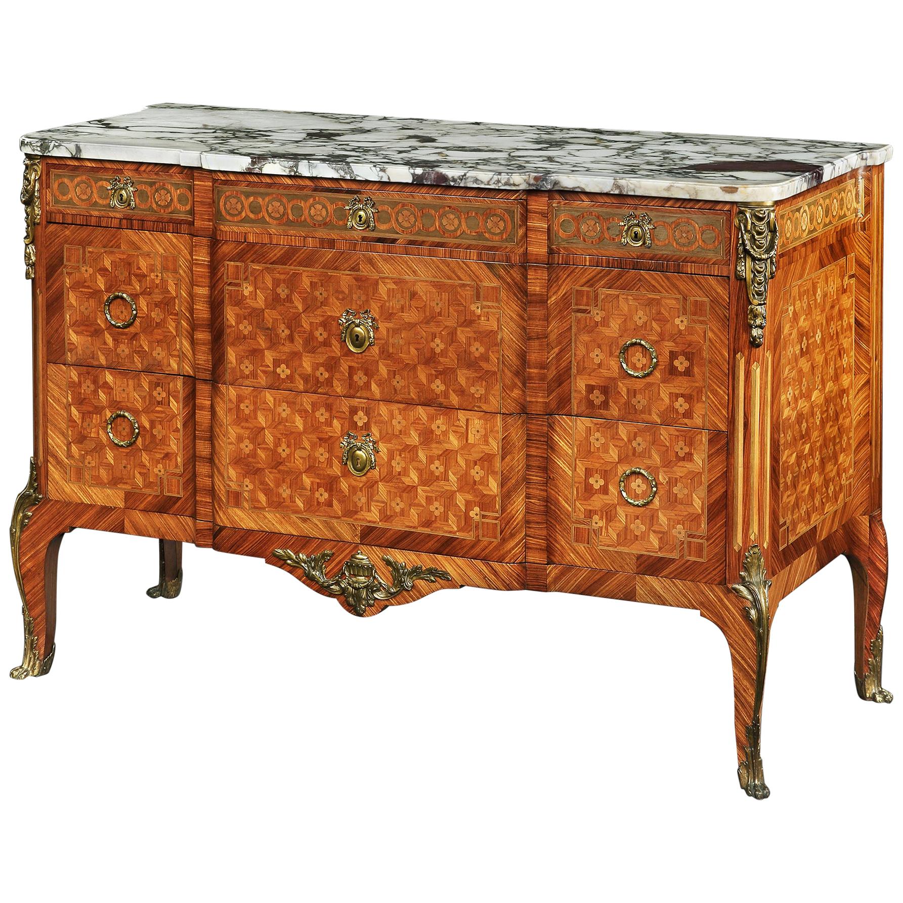 Late 19th Century Gilt Bronze Mounted Tulipwood and Kingwood Marble Topped Comm For Sale