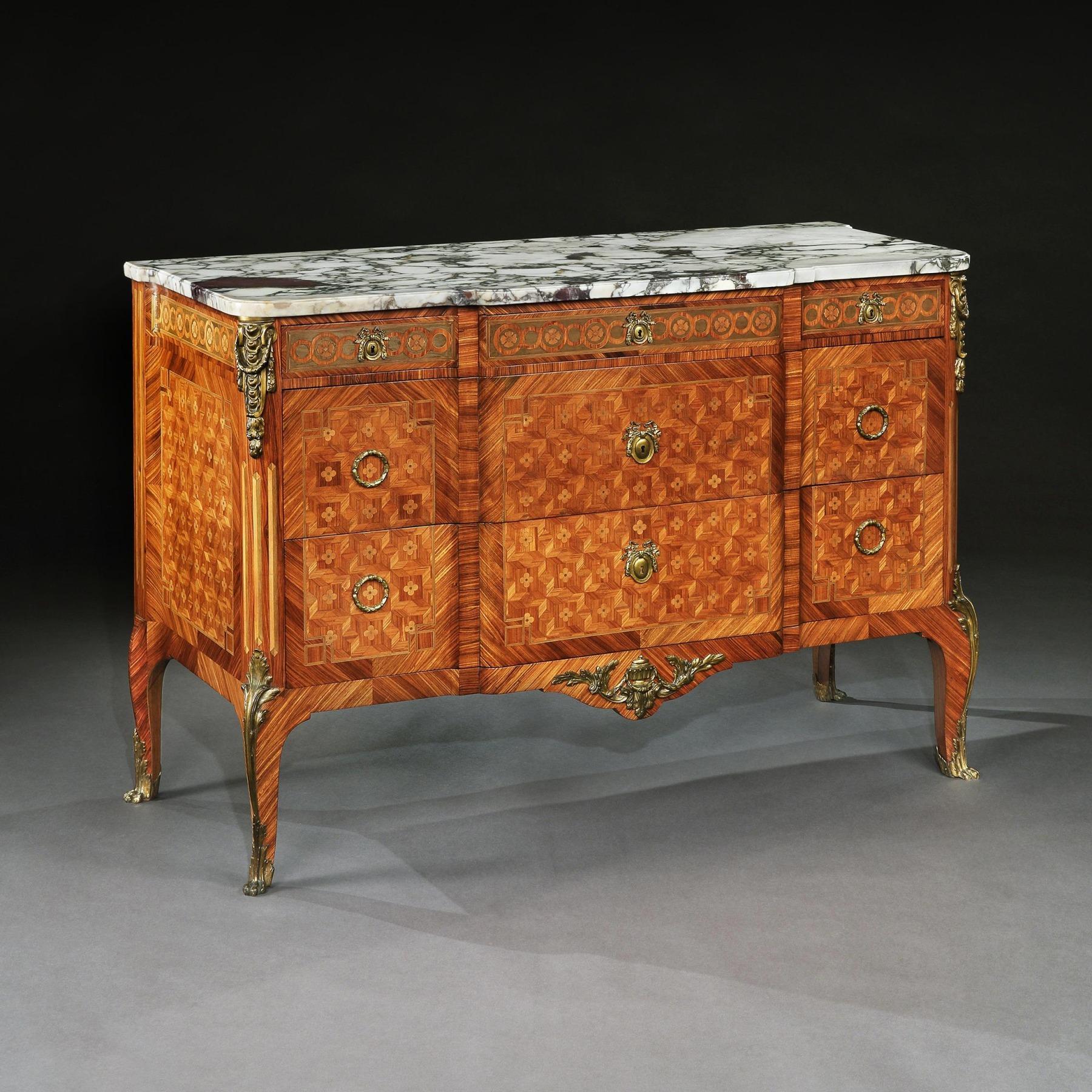 French Late 19th Century Gilt Bronze Mounted Tulipwood Kingwood Marble Topped Commode For Sale