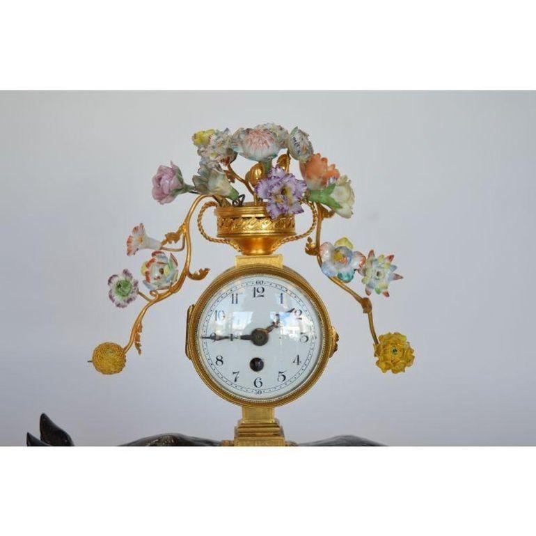 19th Century Late 19th C. French Gilt Bronze & Patinated Rhino Clock on Marble Base For Sale
