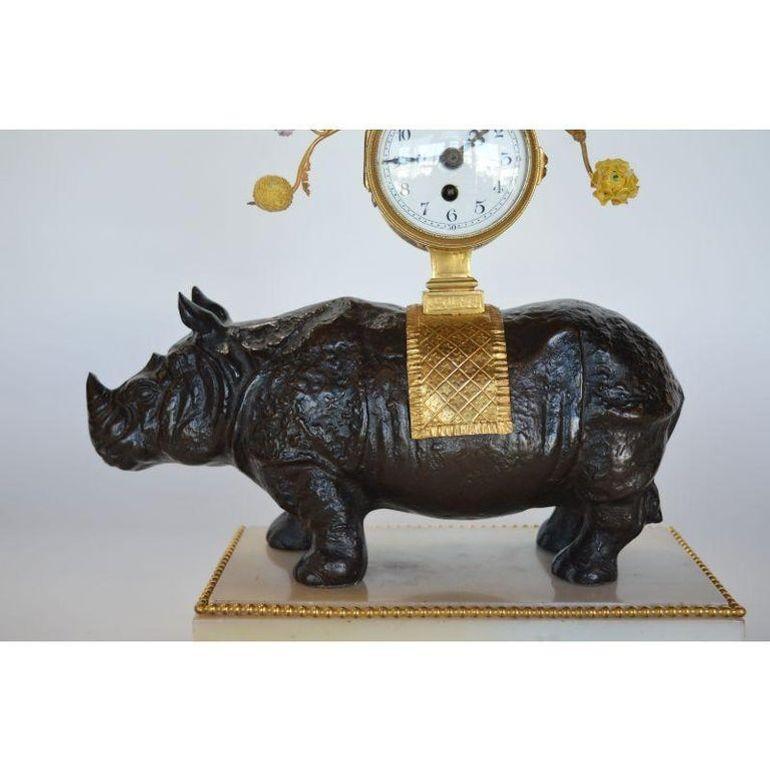 Late 19th C. French Gilt Bronze & Patinated Rhino Clock on Marble Base For Sale 1