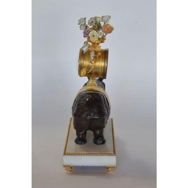 Late 19th C. French Gilt Bronze & Patinated Rhino Clock on Marble Base For Sale 2
