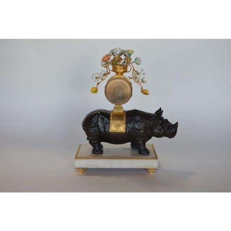 Late 19th C. French Gilt Bronze & Patinated Rhino Clock on Marble Base For Sale 3