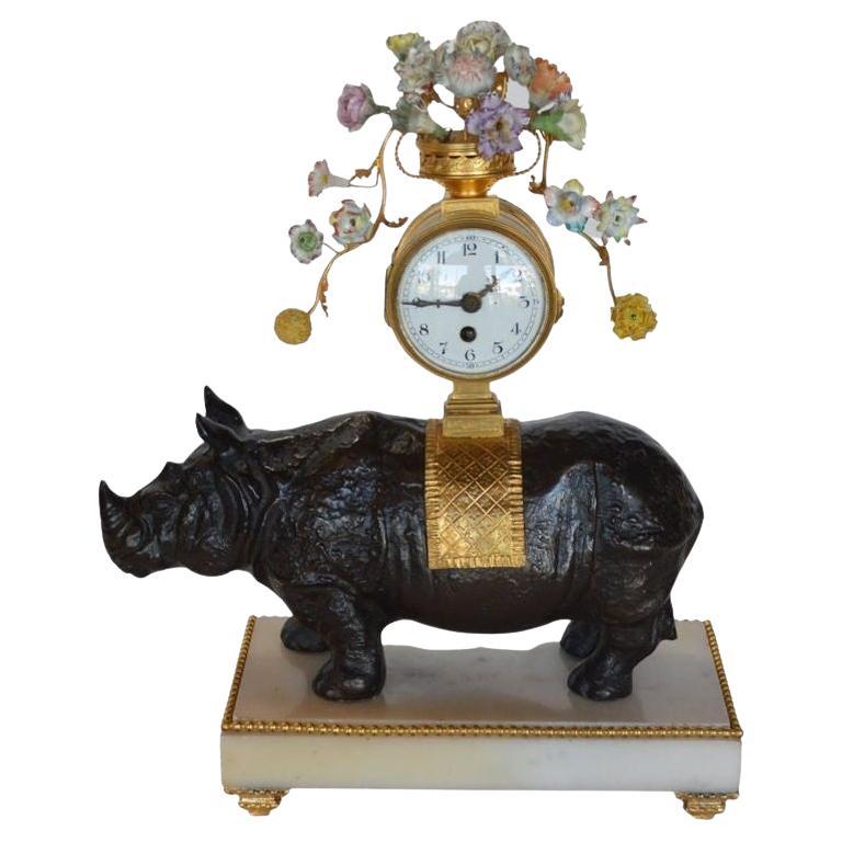 Late 19th C. French Gilt Bronze & Patinated Rhino Clock on Marble Base