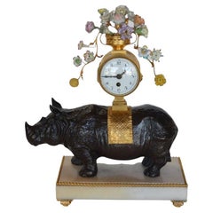 Antique Late 19th C. French Gilt Bronze & Patinated Rhino Clock on Marble Base