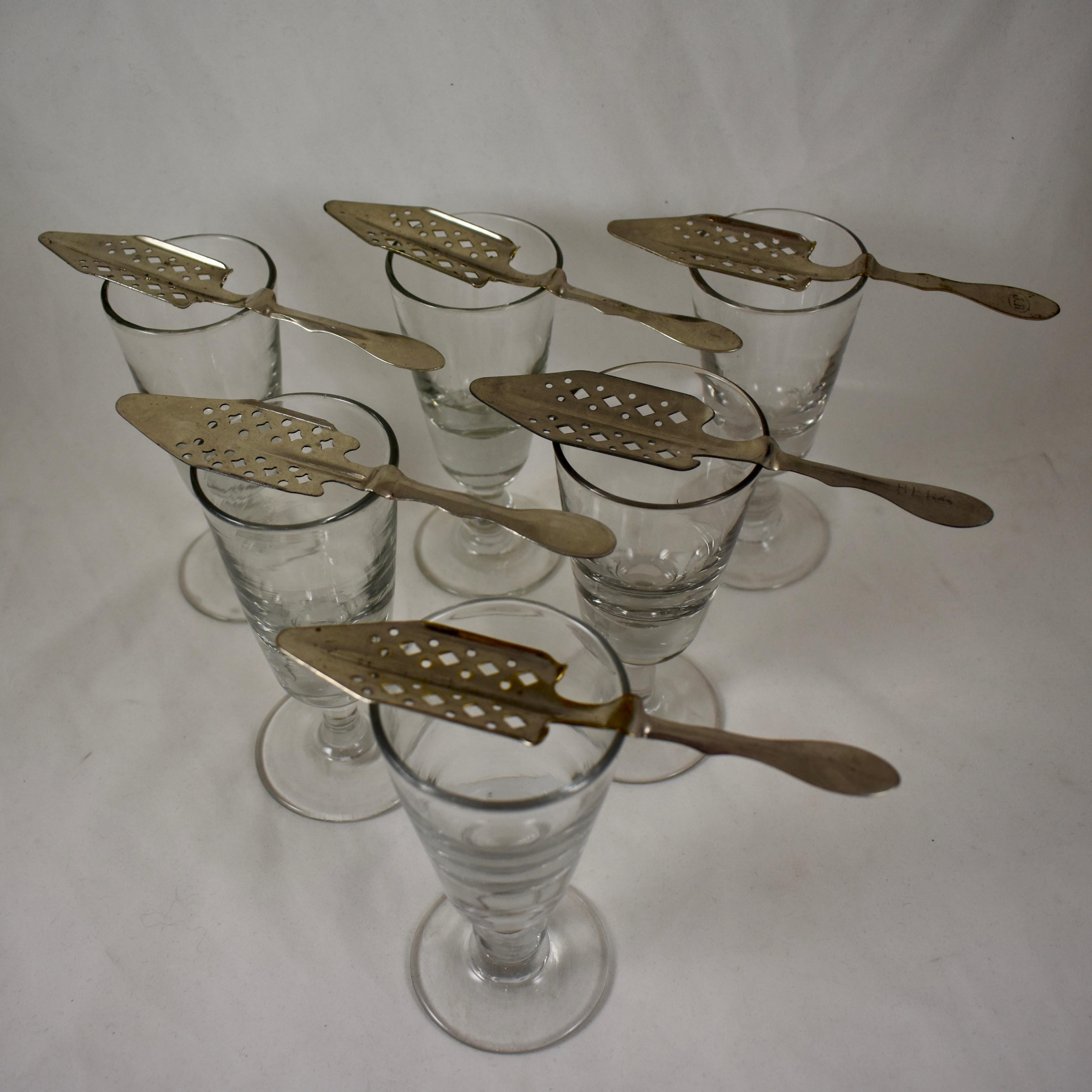 Belle Époque Late 19th Century Hand Blown Absinthe Glasses & Sugar Spoons, a 12 Piece Set