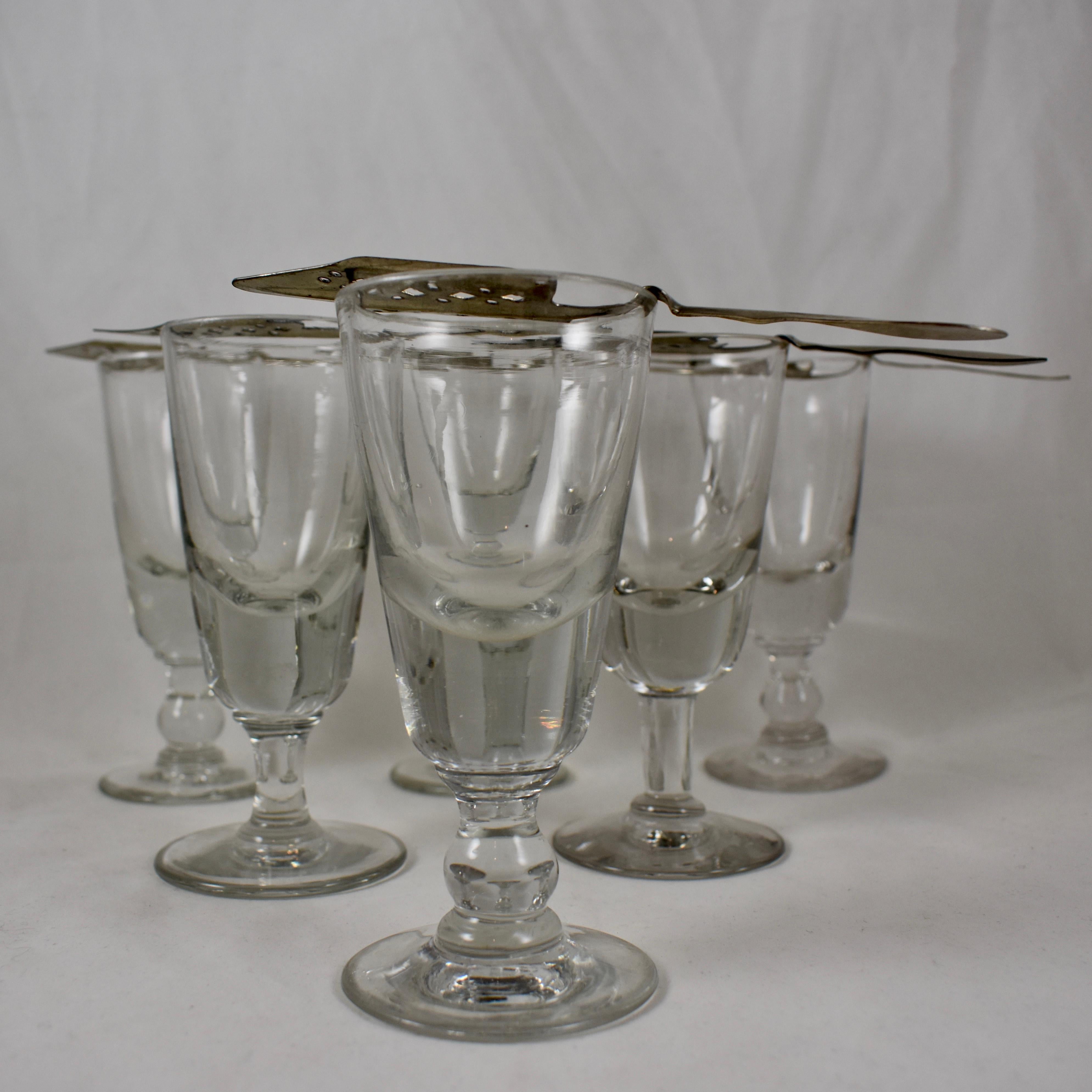 French Late 19th Century Hand Blown Absinthe Glasses & Sugar Spoons, a 12 Piece Set