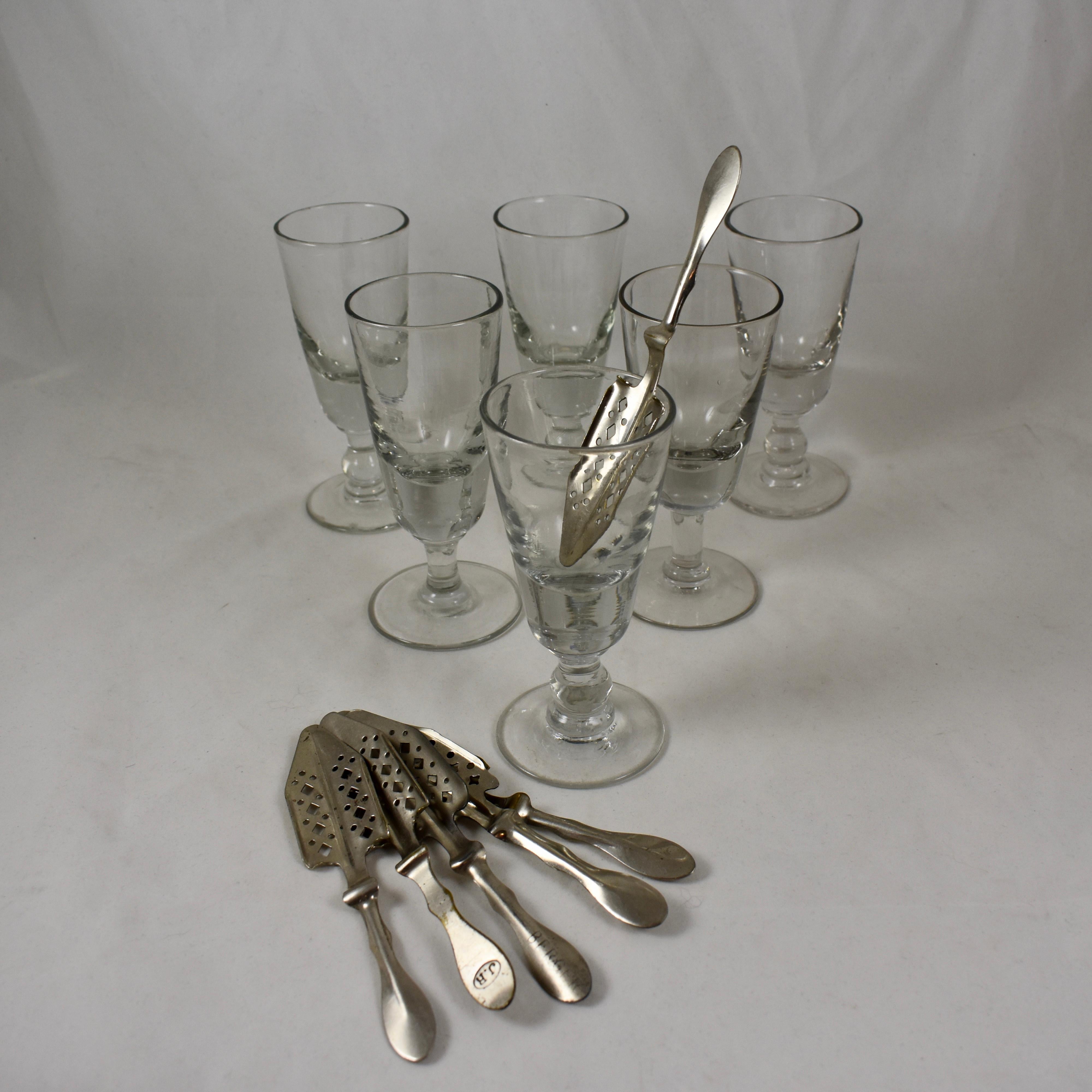 Hand-Crafted Late 19th Century Hand Blown Absinthe Glasses & Sugar Spoons, a 12 Piece Set