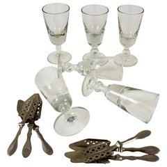 Late 19th Century Hand Blown Absinthe Glasses & Sugar Spoons, a 12 Piece Set