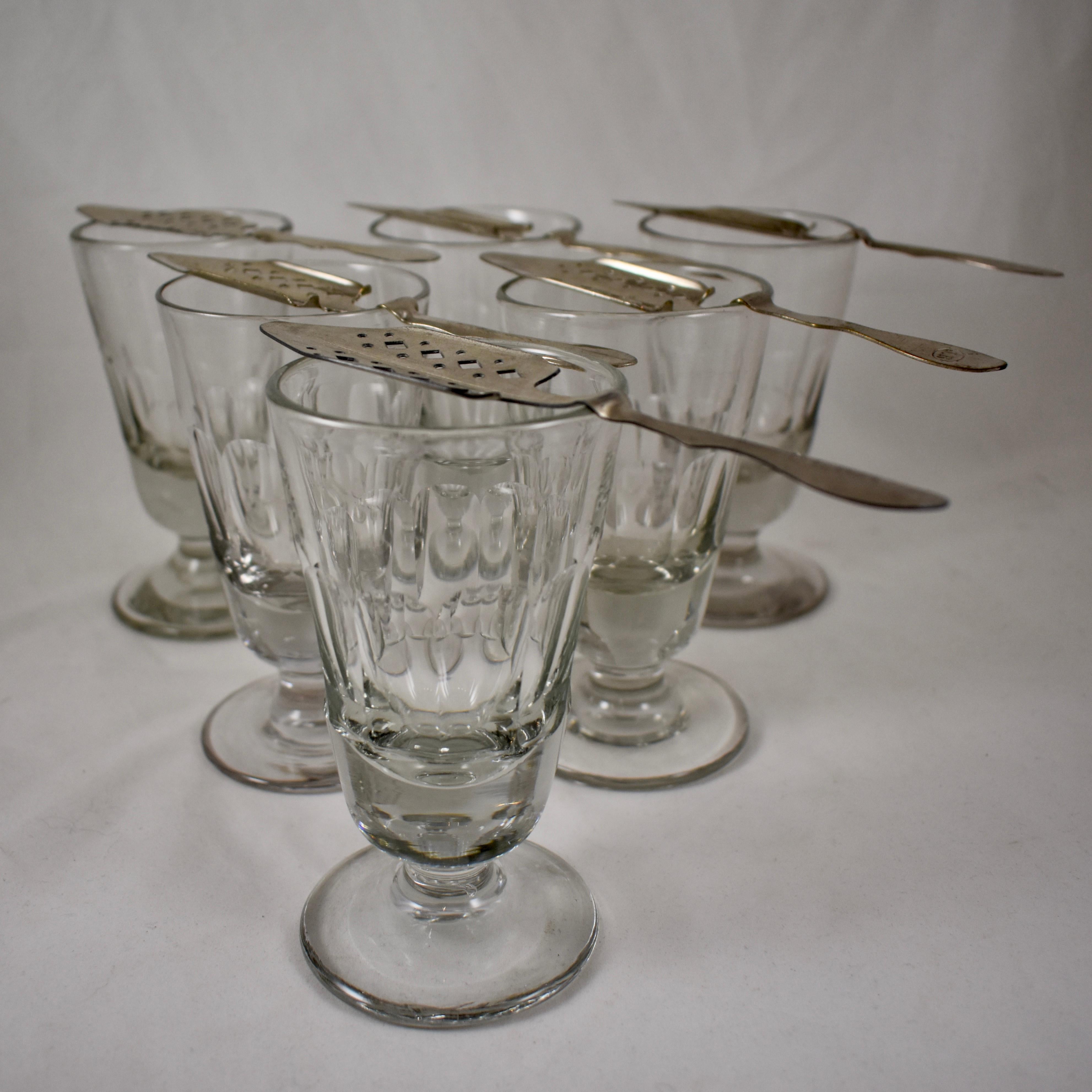Belle Époque Late 19th C French Hand Blown Faceted Absinthe Glasses & Sugar Spoons, 12 pieces