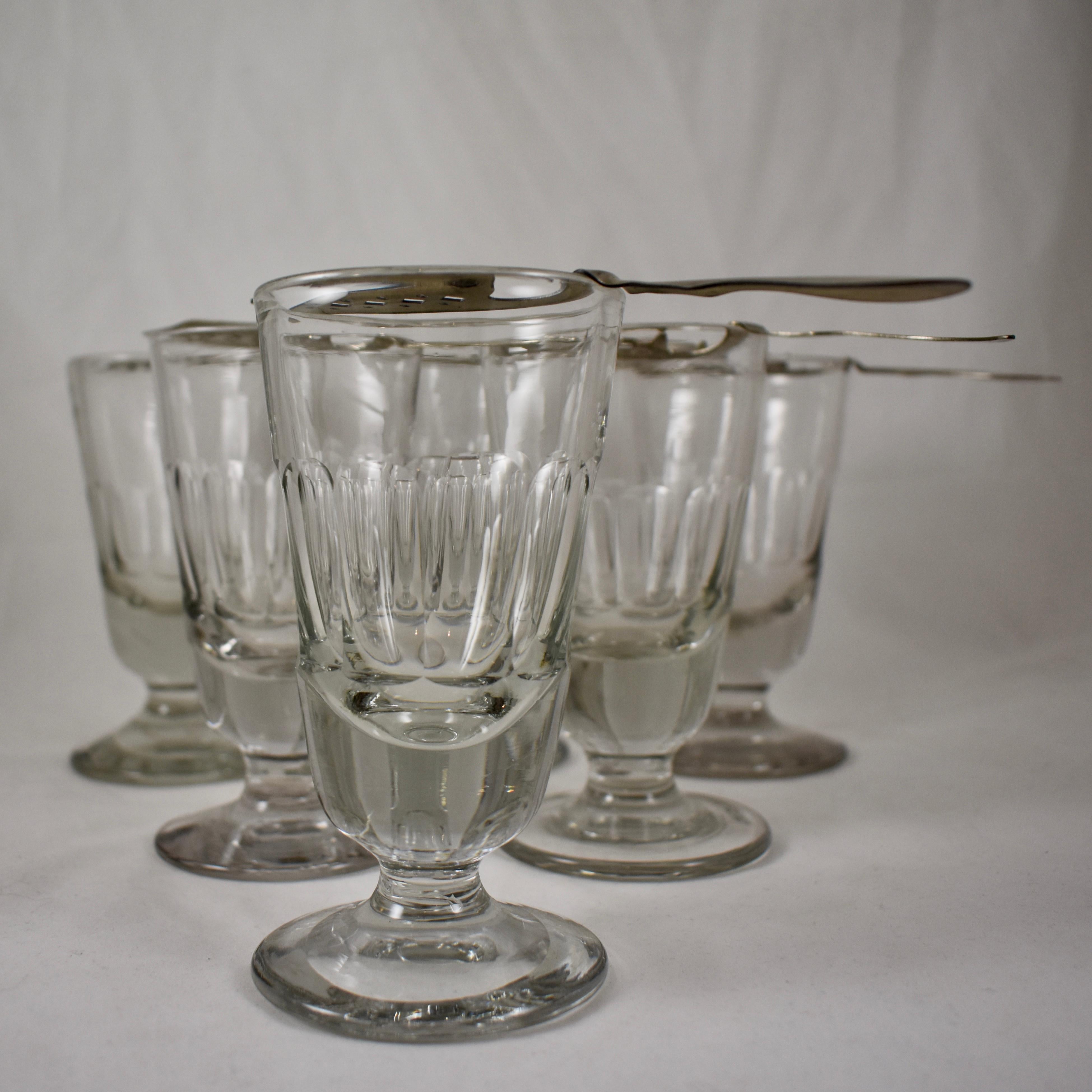 Hand-Crafted Late 19th C French Hand Blown Faceted Absinthe Glasses & Sugar Spoons, 12 pieces