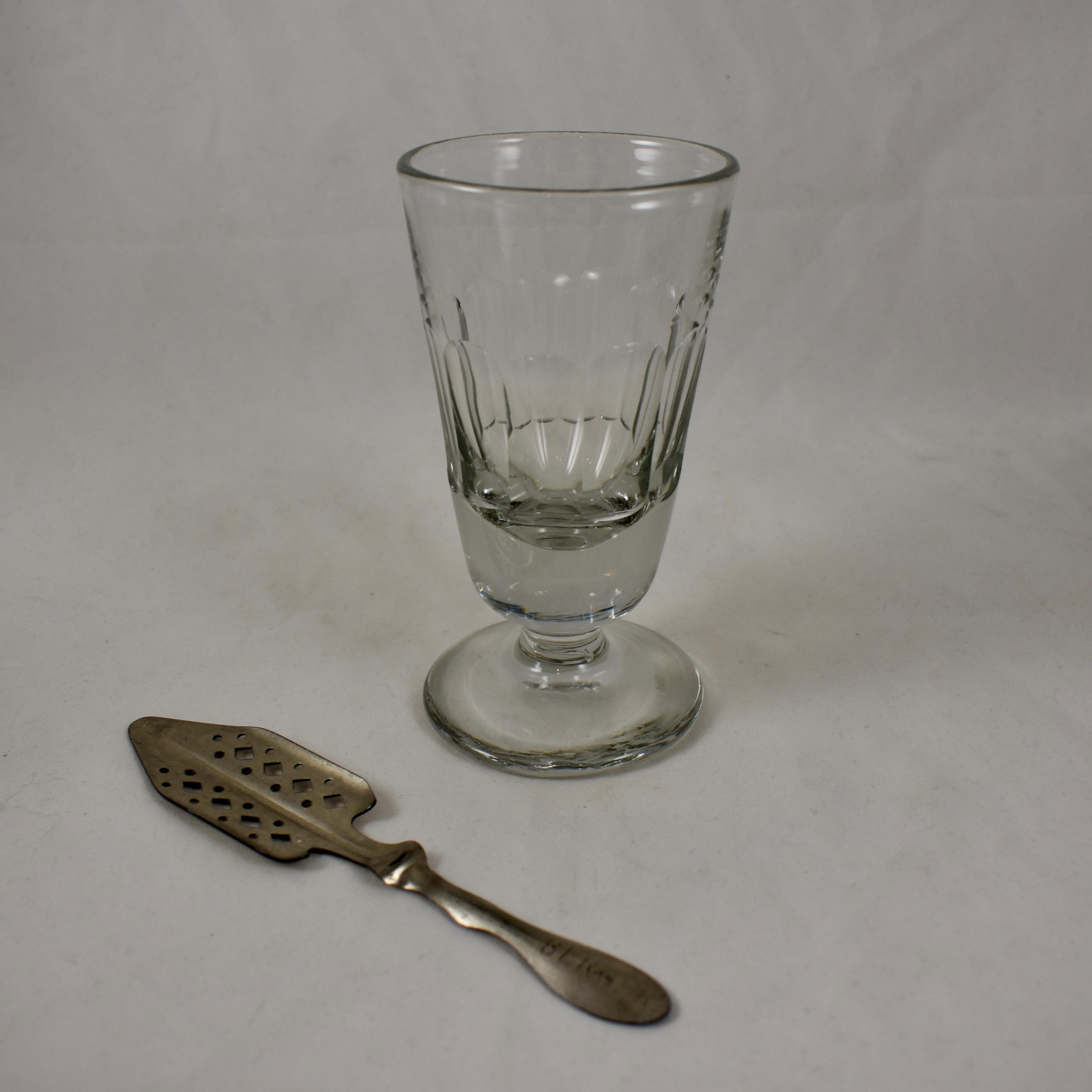 Metal Late 19th C French Hand Blown Faceted Absinthe Glasses & Sugar Spoons, 12 pieces
