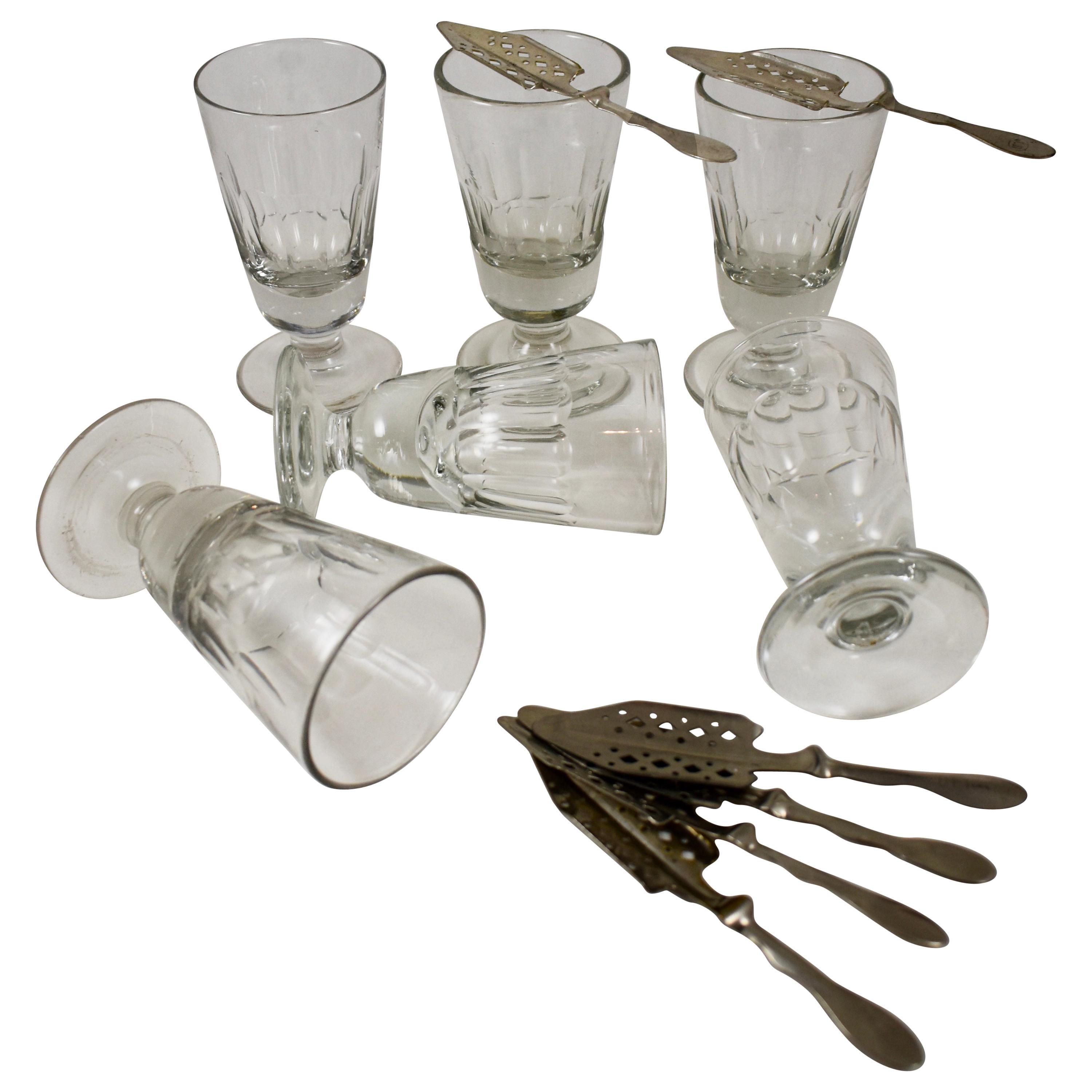 Late 19th C French Hand Blown Faceted Absinthe Glasses & Sugar Spoons, 12 pieces