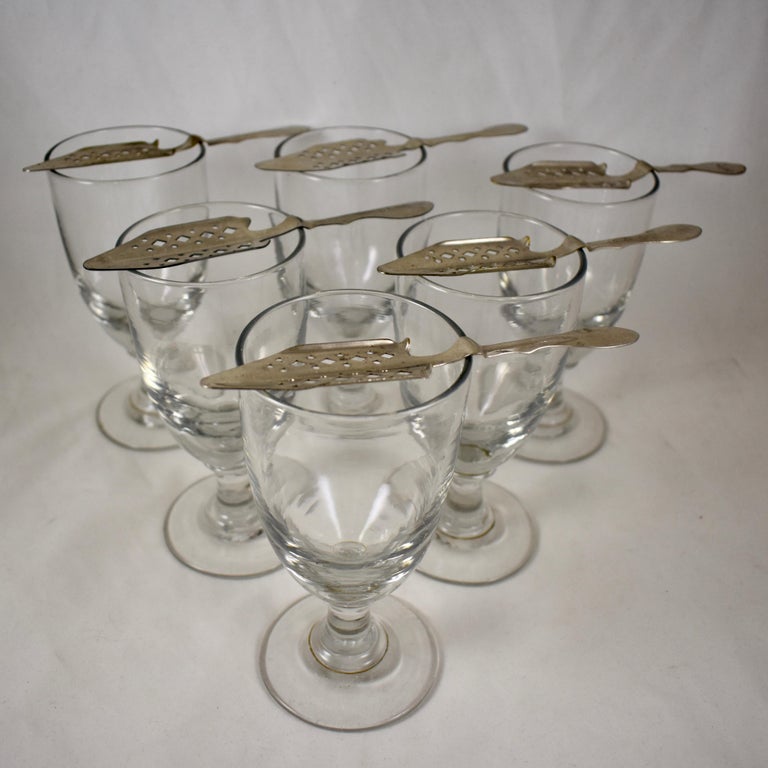 Late 19th Century French Hand Blown Absinthe Glasses and Sugar Spoons