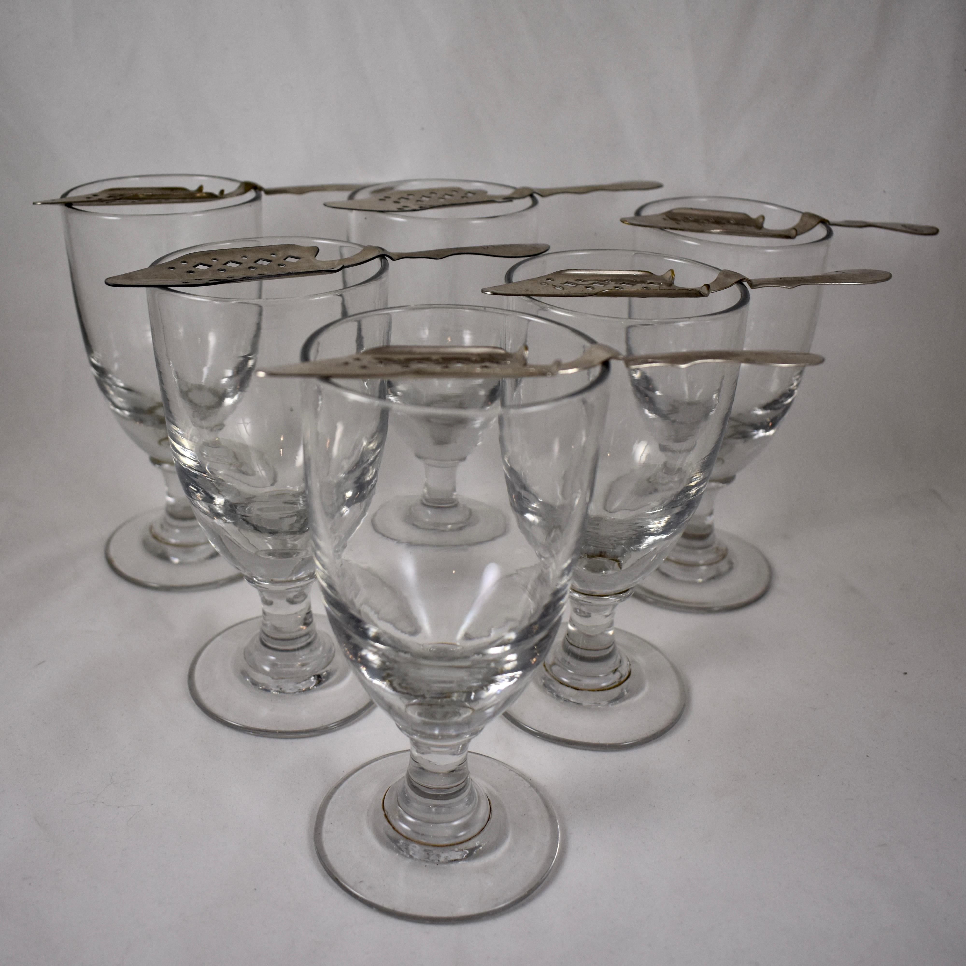 Belle Époque Late 19th Century French Hand Blown Absinthe Glasses & Sugar Spoons 12 Piece Set