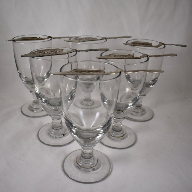 Late 19th Century French Hand Blown Absinthe Glasses and Sugar Spoons