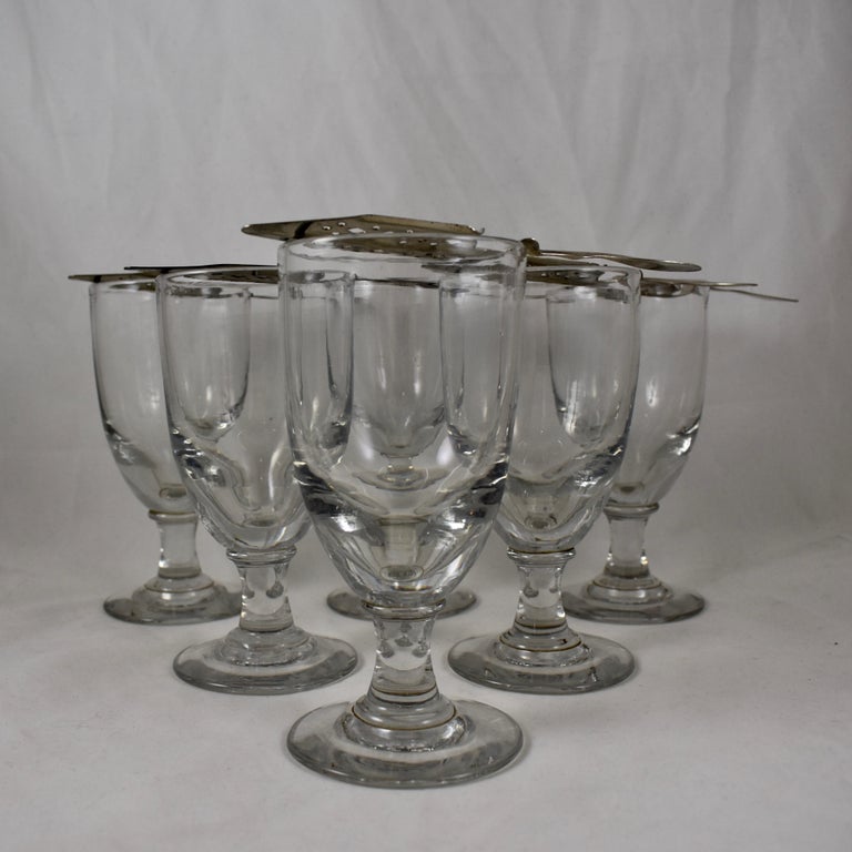Late 19th Century French Hand Blown Absinthe Glasses and Sugar Spoons