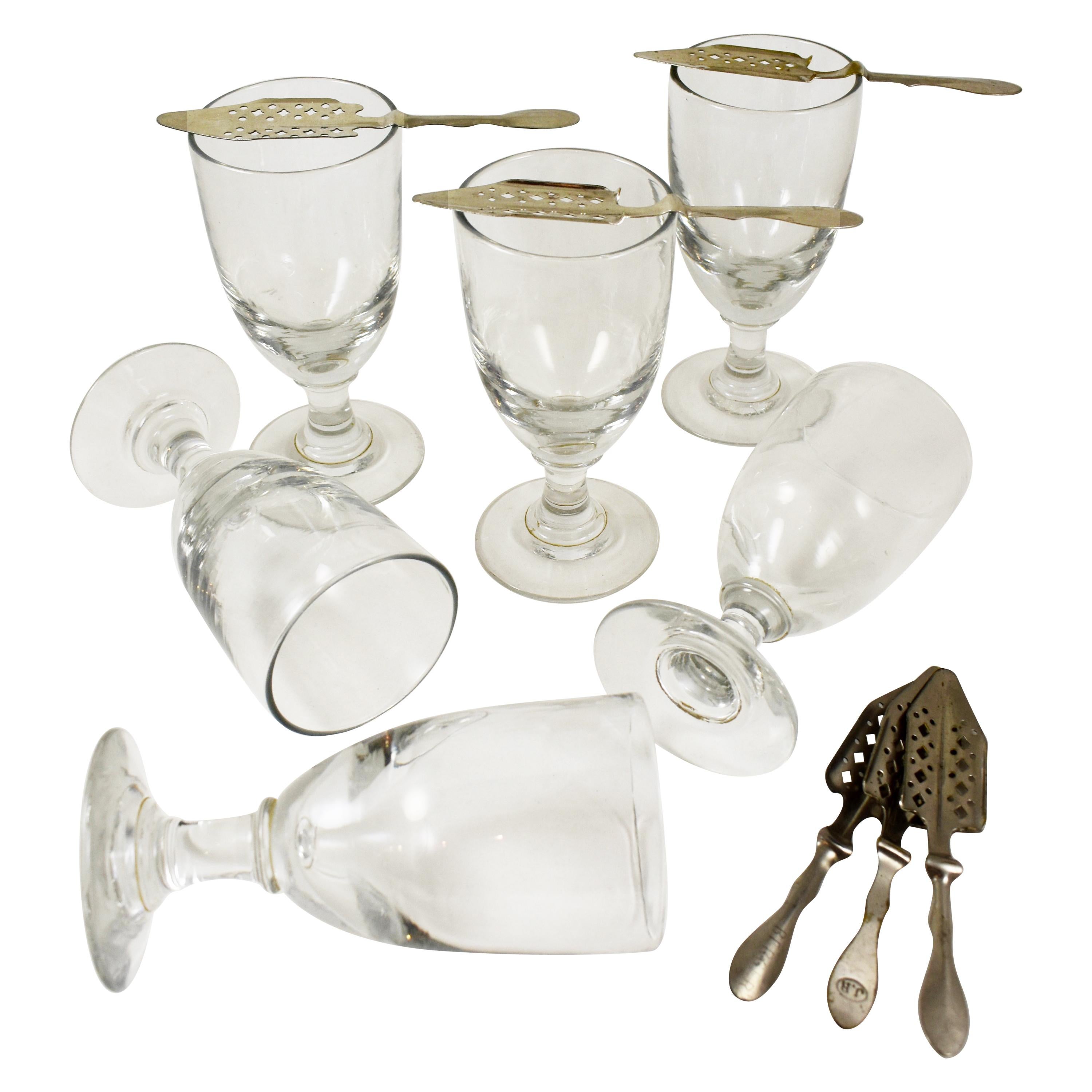 Late 19th Century French Hand Blown Absinthe Glasses & Sugar Spoons 12 Piece Set