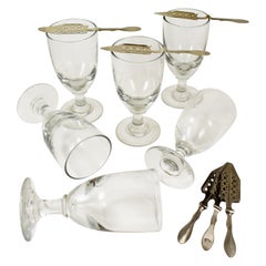 Antique Late 19th Century French Hand Blown Absinthe Glasses & Sugar Spoons 12 Piece Set