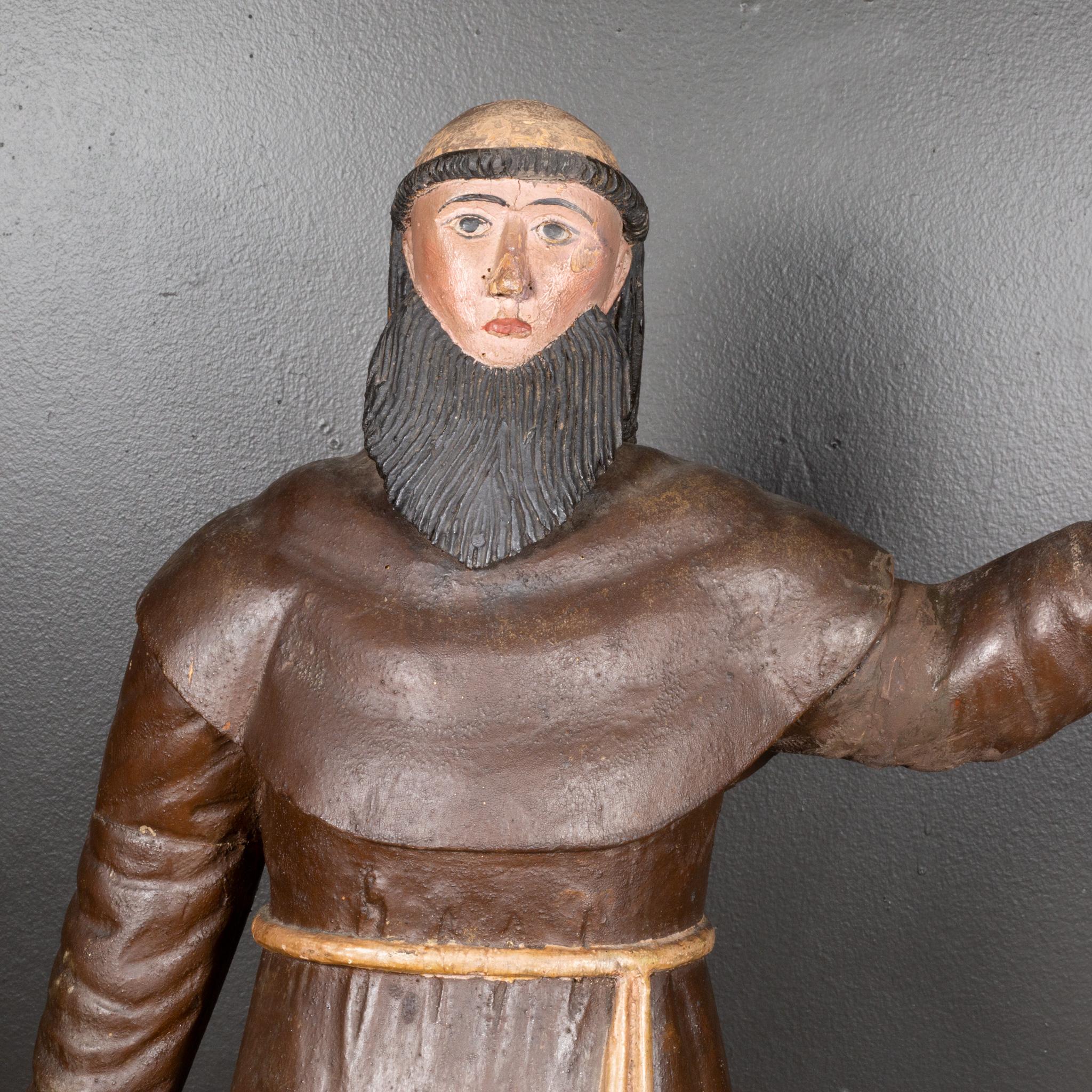 ABOUT

A large late 19th c. painted, hand carved wooden French Monk with brown robe and rope belt holding a crucifix from the turn of the century.

Shown with life size hand model.

    CREATOR Unknown. France.
    DATE OF MANUFACTURE c.1900.
   
