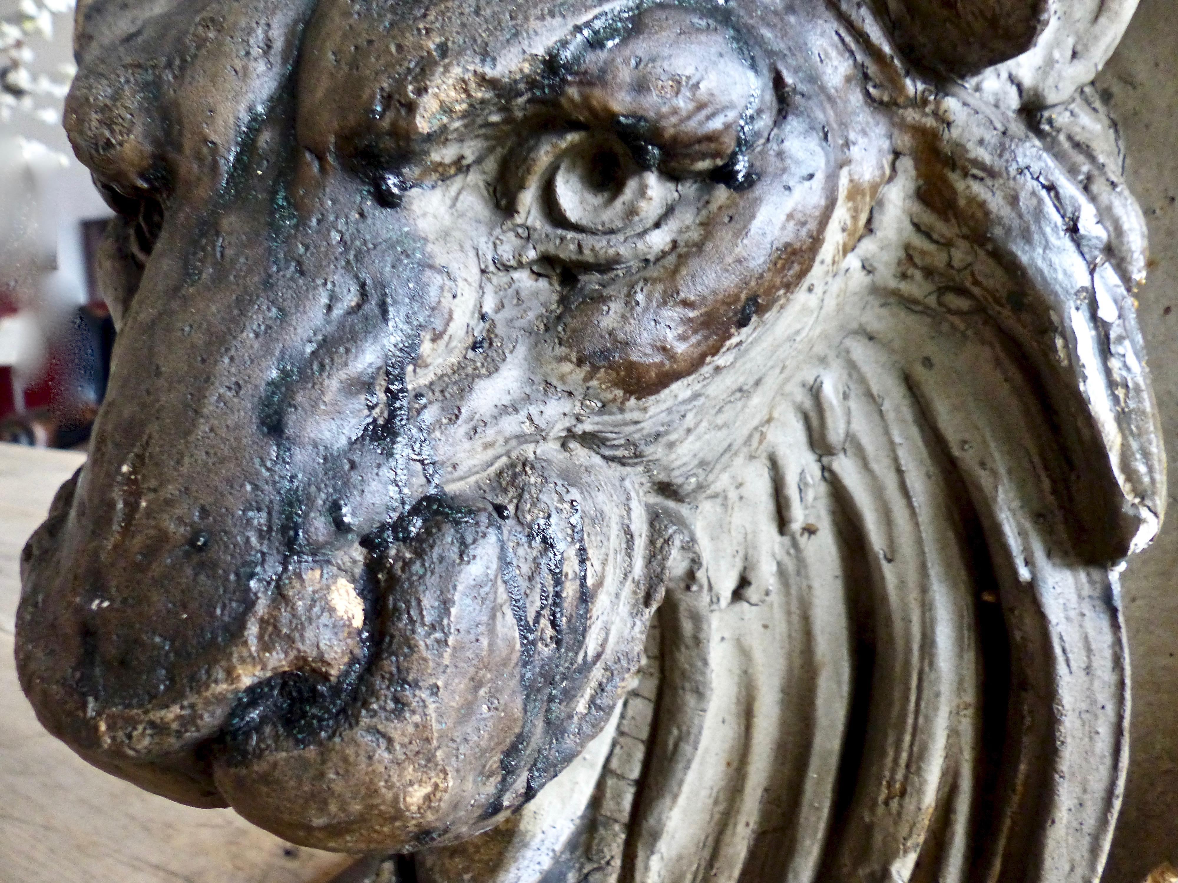 Beautiful weathered patina on a circa 1880 French limestone decorative lion’s head. Currently mounted on a steel stand for ease of display. Architectural salvage found in France.
Dimensions 17” height x 15” diameter.