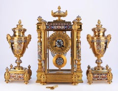 Late 19th C. French Ormolu Champlevé Enameled Clock Garniture Set by Japy Frères