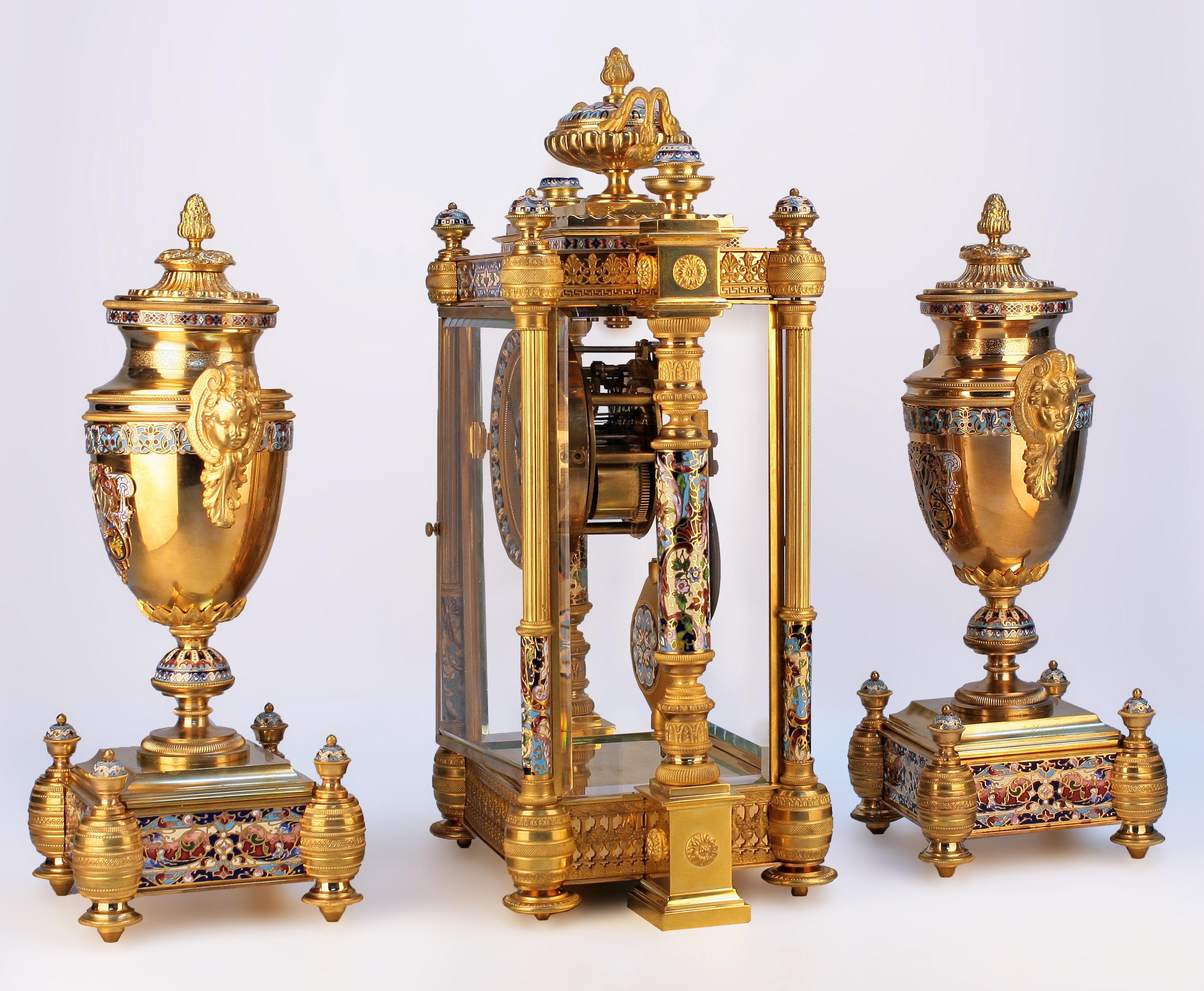 Napoleon III Late 19th C. French Ormolu Champlevé Enameled Clock Garniture Set by Japy Frères For Sale